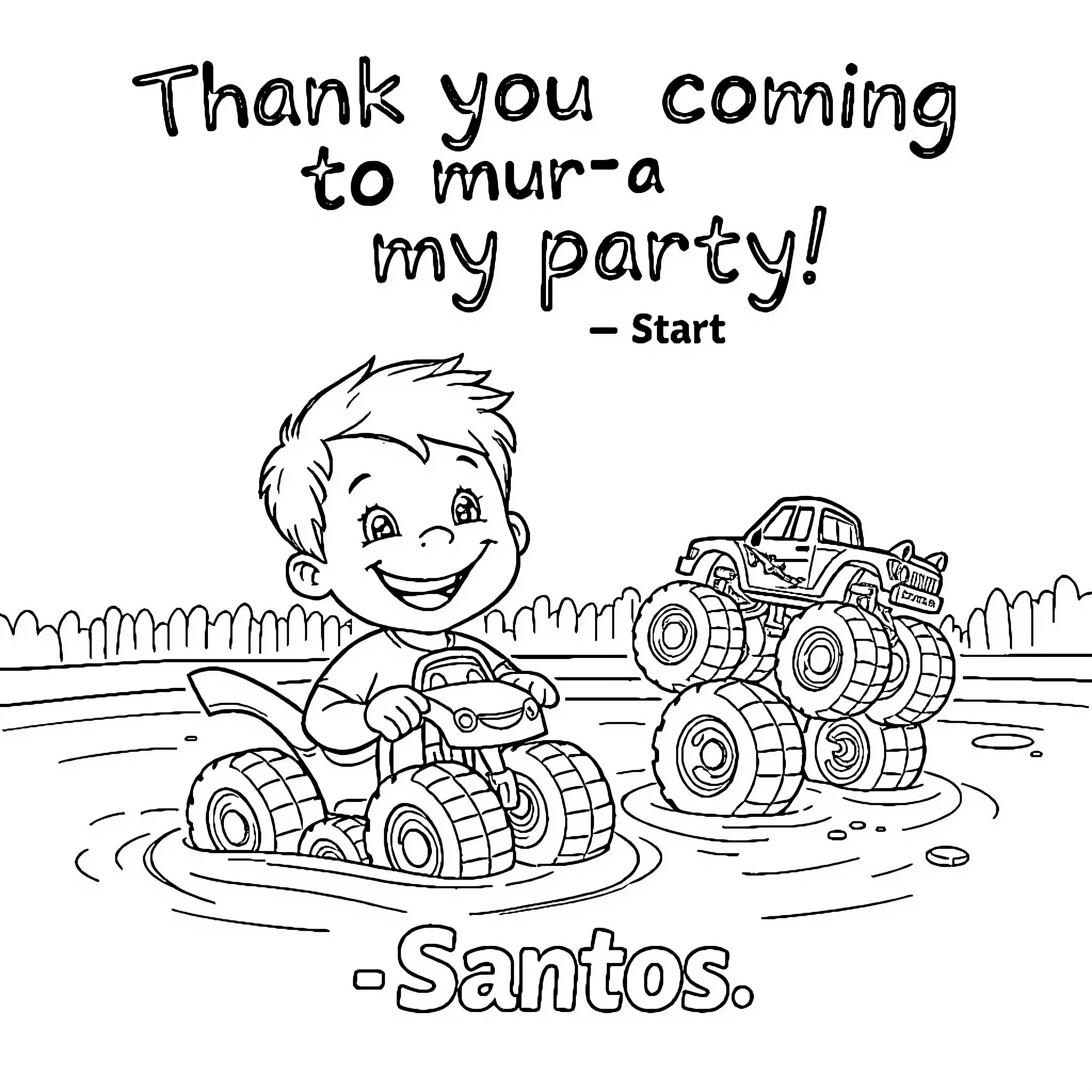 Boy playing happily with toy monster trucks in the mud Coloring Page (free black-and-white line drawing printable PDF for all, from beginners to advanced learners, including children, teens, adults, and seniors)