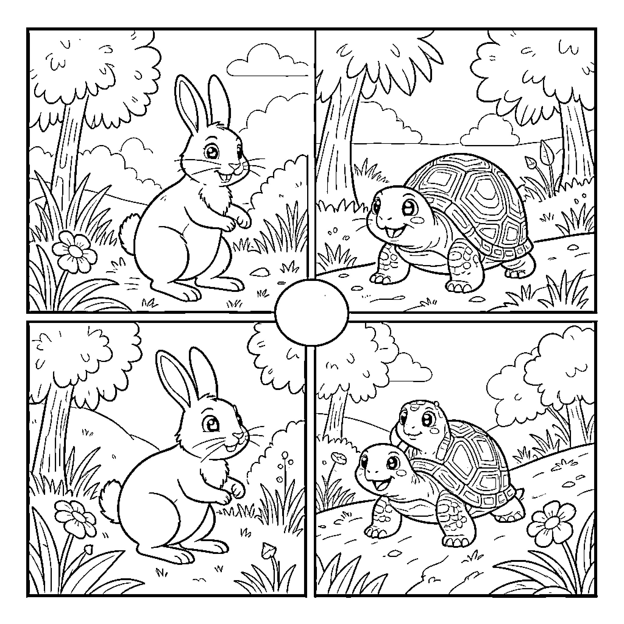 Rabbit and turtle adventures in the garden Coloring Page (free black-and-white line drawing printable PDF for all, from beginners to advanced learners, including children, teens, adults, and seniors)