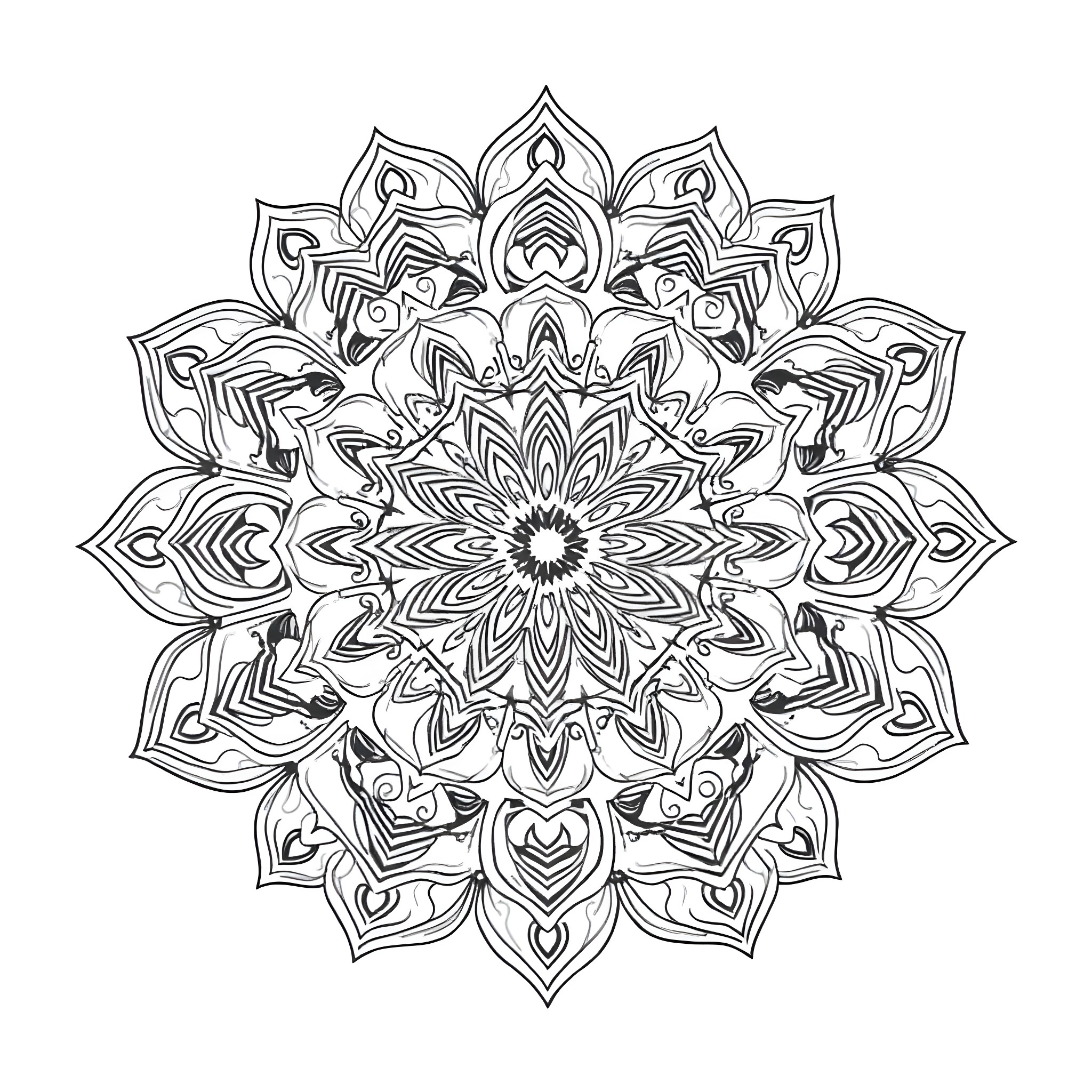 Mandala with intricate floral design Coloring Page (free black-and-white line drawing printable PDF for all, from beginners to advanced learners, including children, teens, adults, and seniors)