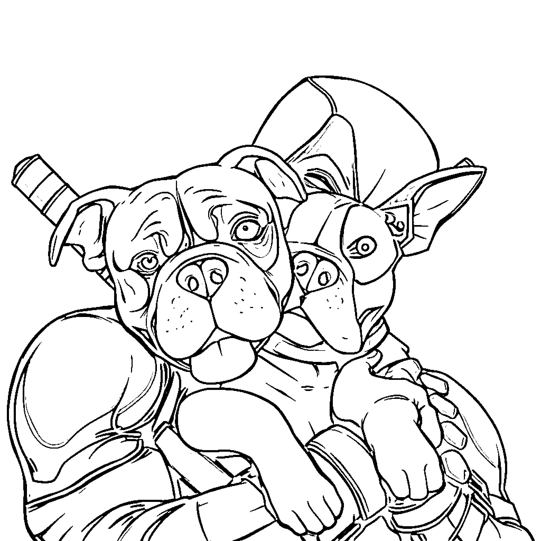 Deadpool surrounded by mischievous puppies Coloring Page (free black-and-white line drawing printable PDF for all, from beginners to advanced learners, including children, teens, adults, and seniors)