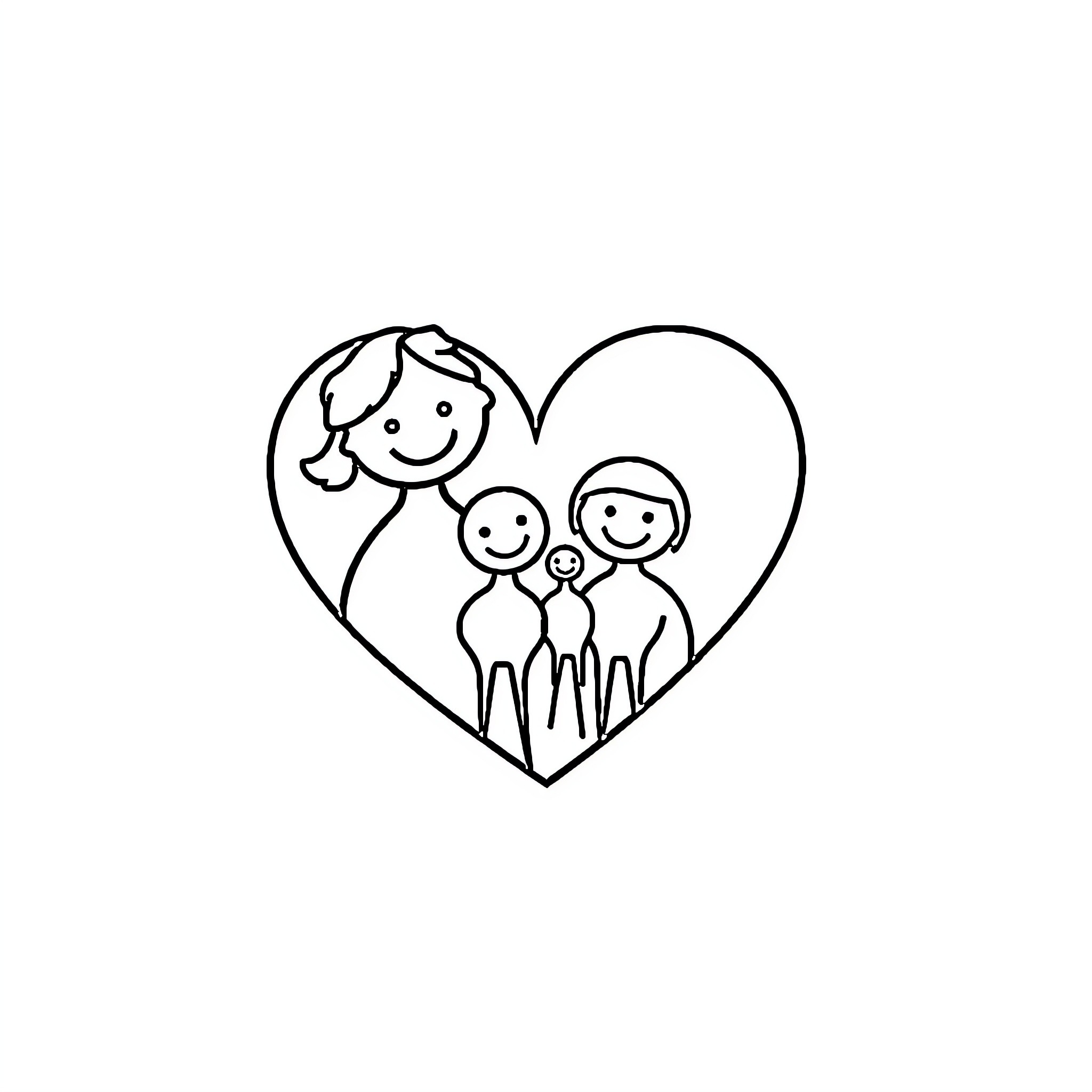 Family happily together in heart-shaped frame Coloring Page (free black-and-white line drawing printable PDF for all, from beginners to advanced learners, including children, teens, adults, and seniors)
