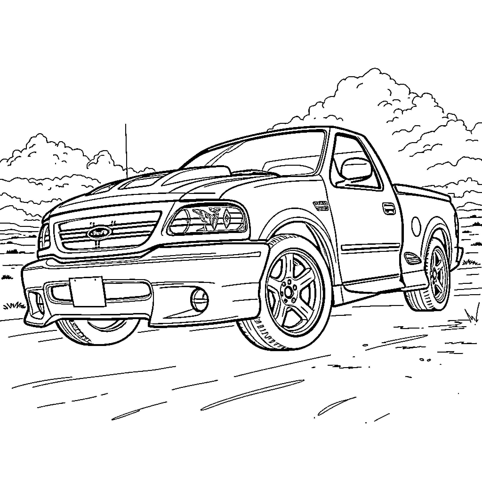 Ford Lightning truck in the countryside Coloring Page (free black-and-white line drawing printable PDF for all, from beginners to advanced learners, including children, teens, adults, and seniors)
