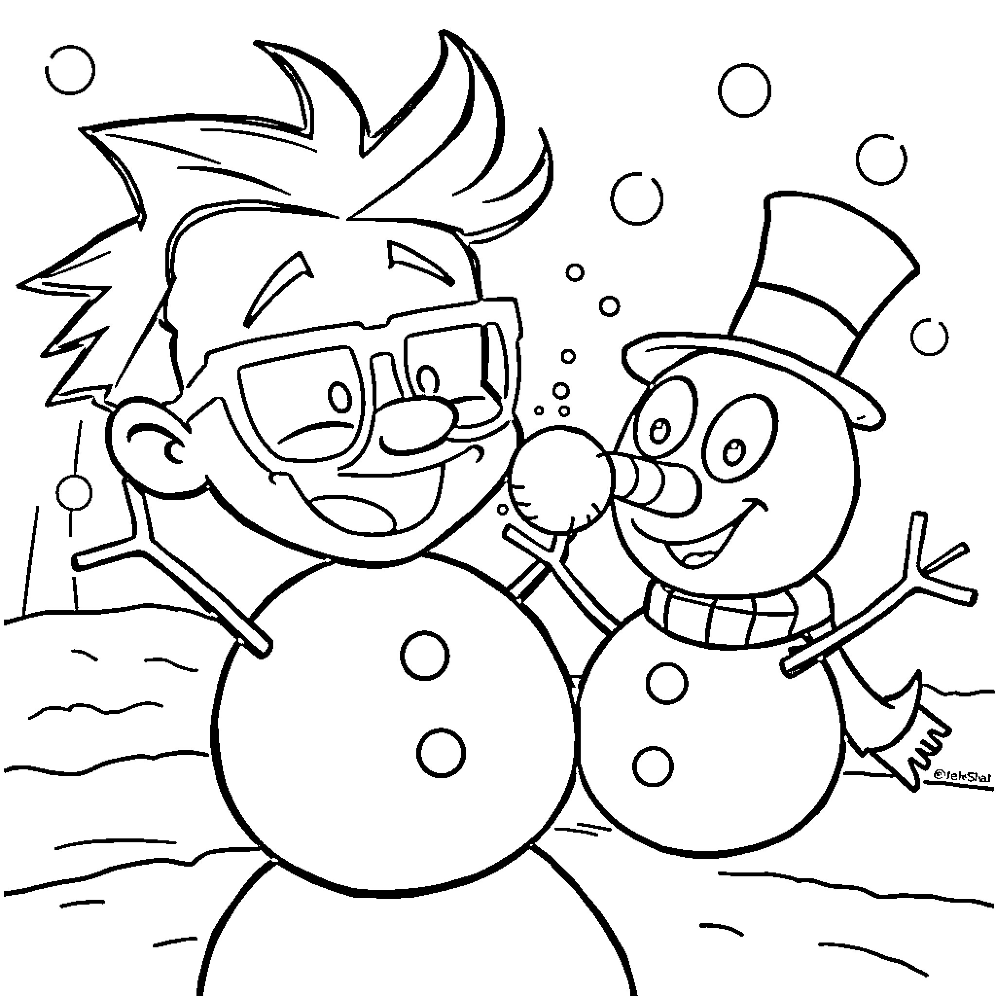 Jimmy Neutron enjoying a snowy day with a snowman Coloring Page (free black-and-white line drawing printable PDF for all, from beginners to advanced learners, including children, teens, adults, and seniors)