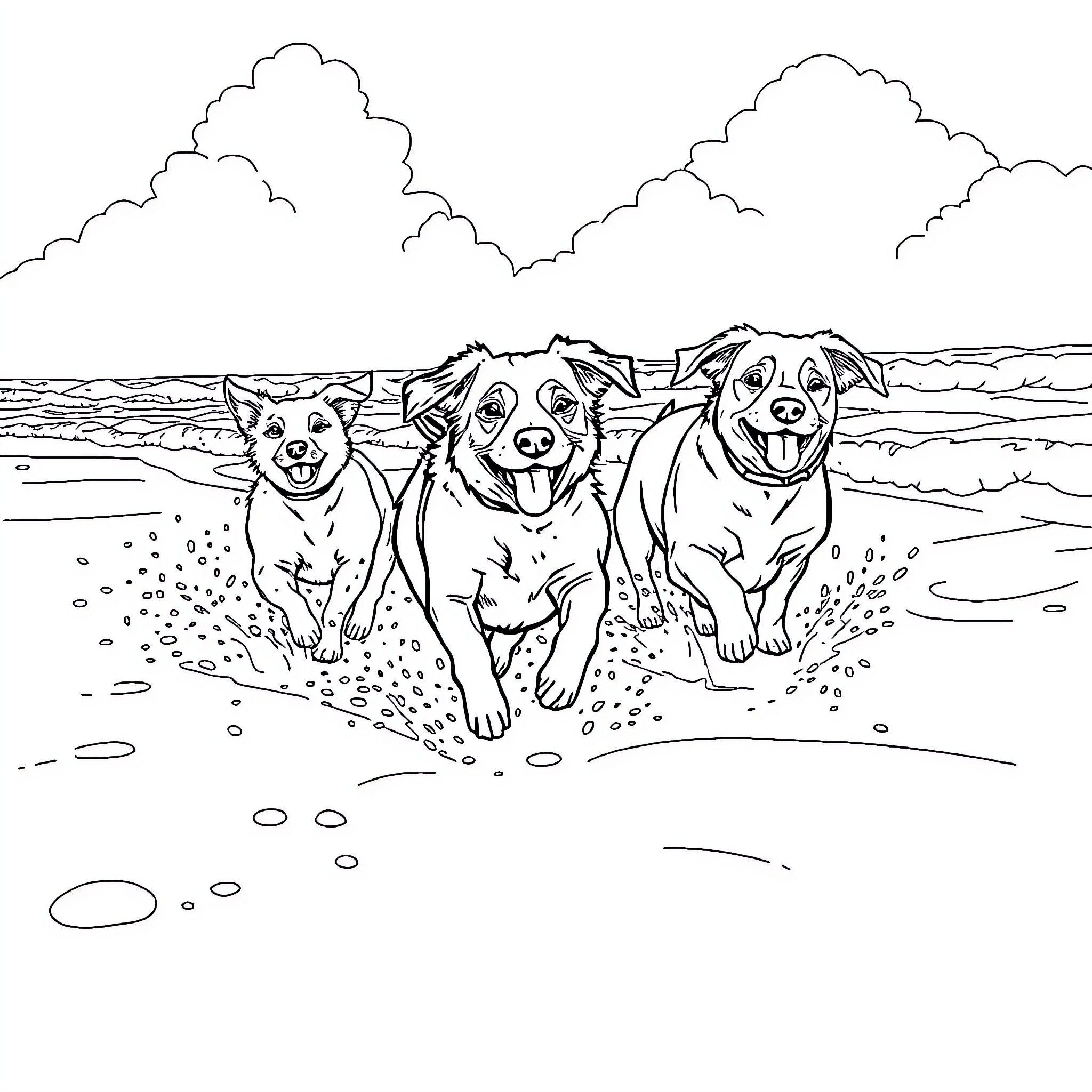 Dogs playing happily on the beach Coloring Page (free black-and-white line drawing printable PDF for all, from beginners to advanced learners, including children, teens, adults, and seniors)
