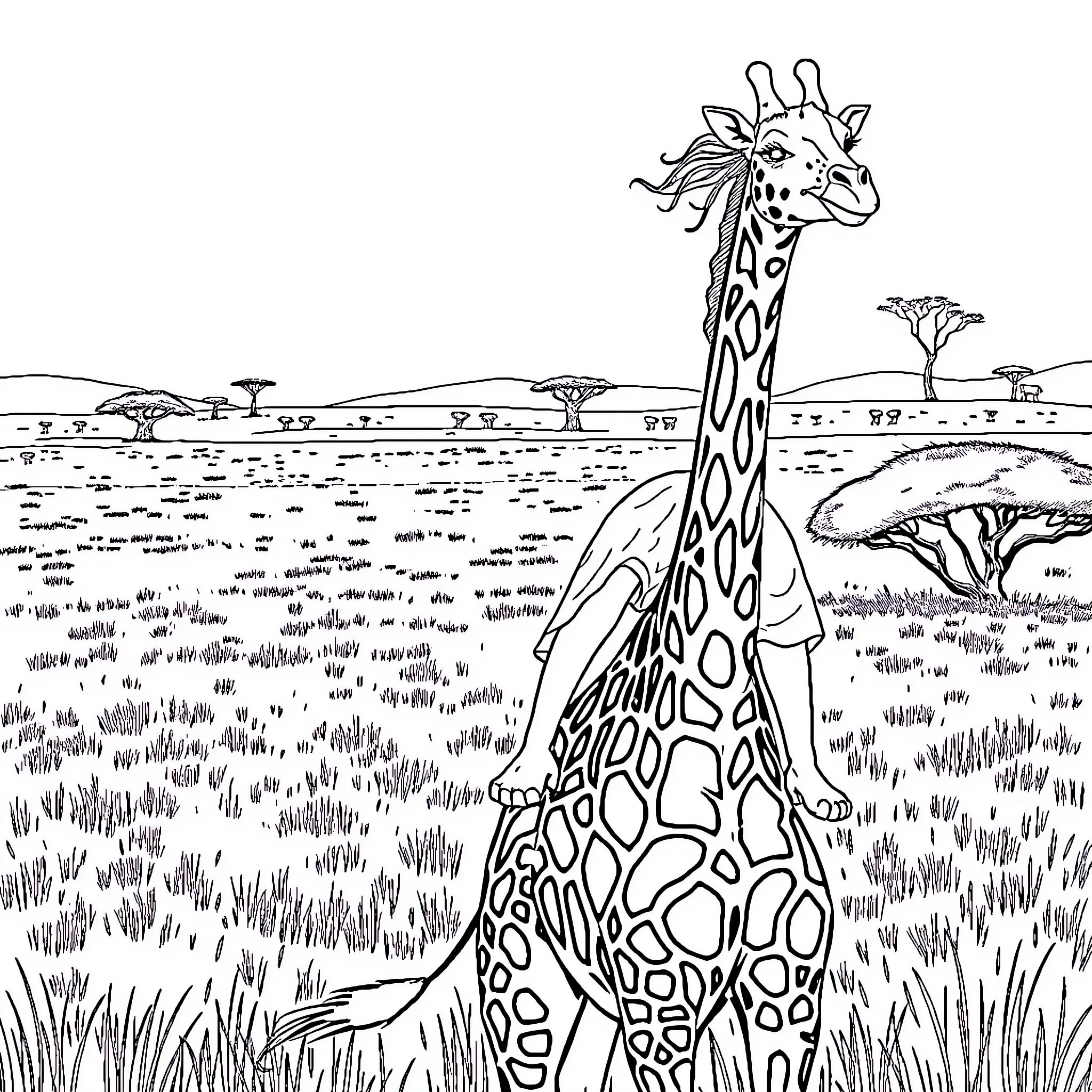 Woman observing giraffe in African savannah landscape Coloring Page (free black-and-white line drawing printable PDF for all, from beginners to advanced learners, including children, teens, adults, and seniors)