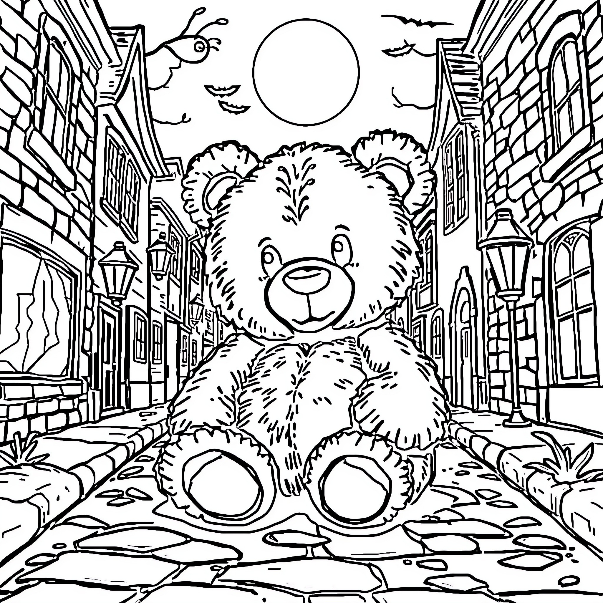 Teddy Bear Exploring the City Street Coloring Page (free black-and-white line drawing printable PDF for all, from beginners to advanced learners, including children, teens, adults, and seniors)