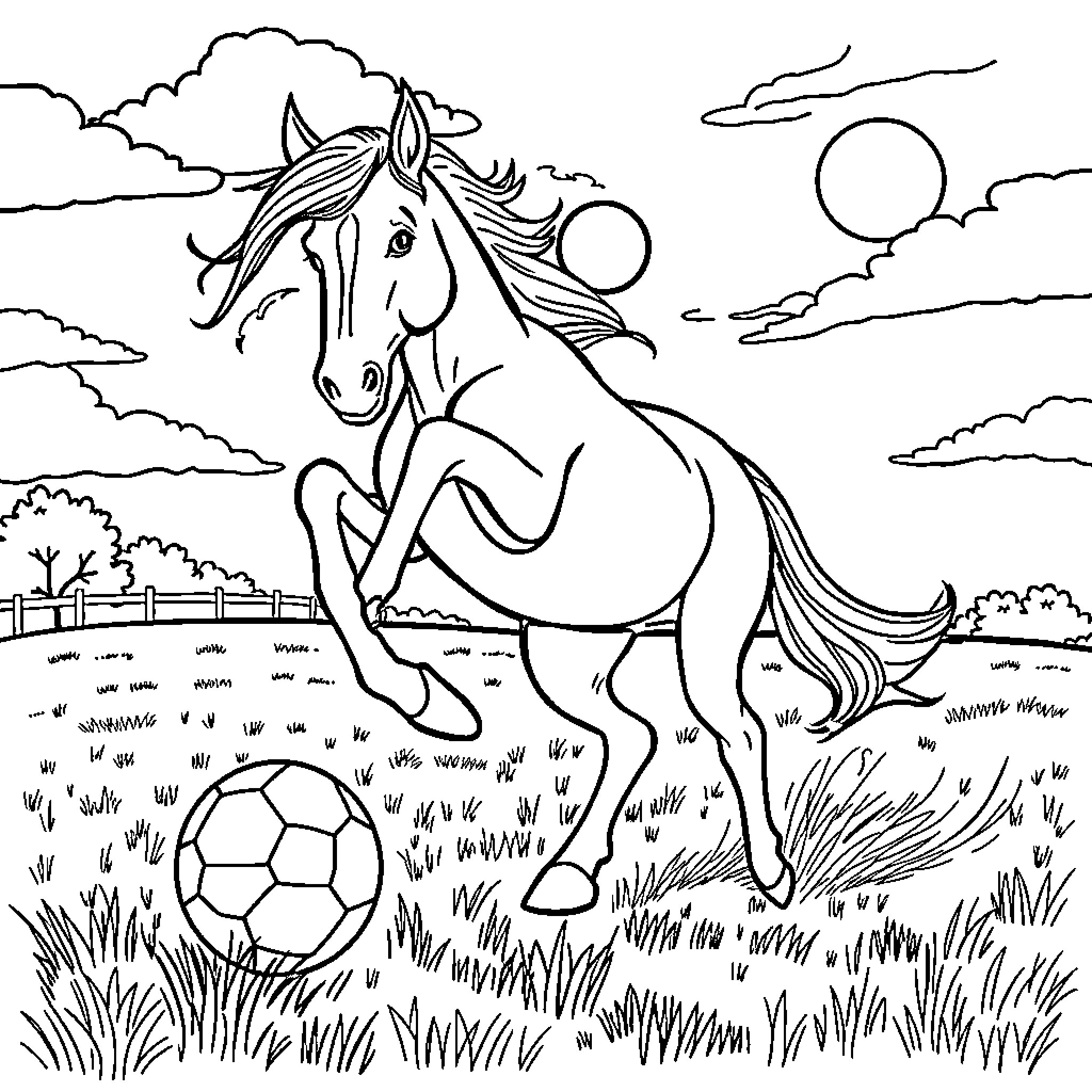 Horse playing with a soccer ball in a field Coloring Page (free black-and-white line drawing printable PDF for all, from beginners to advanced learners, including children, teens, adults, and seniors)