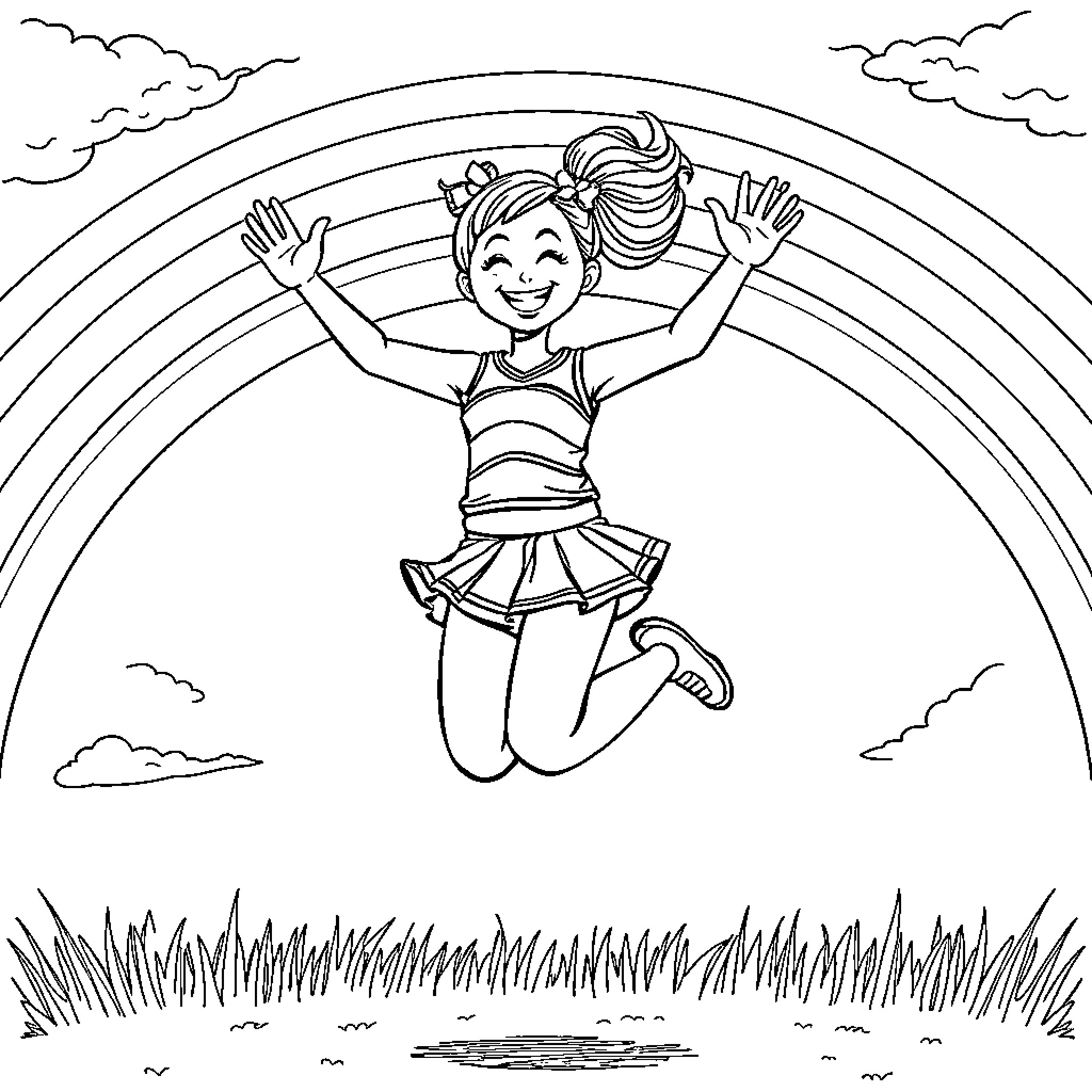 Cheerleader jumping with joy and enthusiasm Coloring Page (free black-and-white line drawing printable PDF for all, from beginners to advanced learners, including children, teens, adults, and seniors)