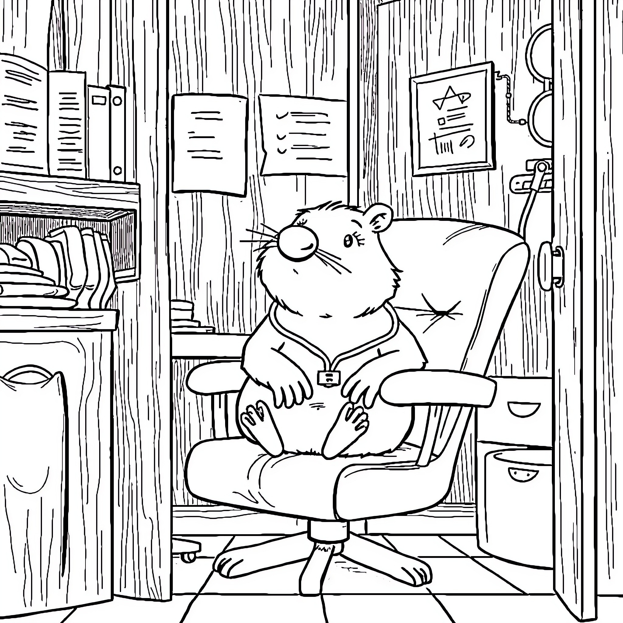 Petit Poilu's Cozy Home Office Coloring Page (free black-and-white line drawing printable PDF for all, from beginners to advanced learners, including children, teens, adults, and seniors)