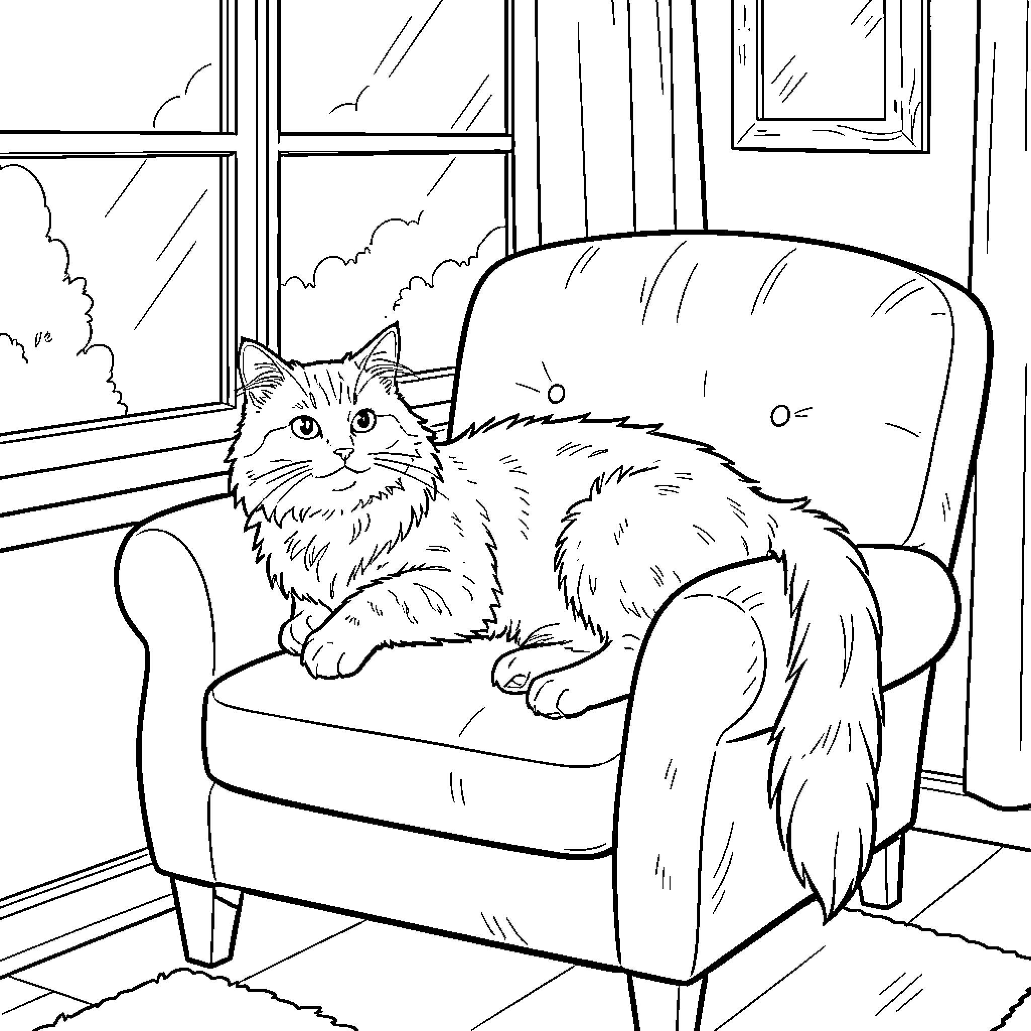 Cat sitting comfortably on armchair by window Coloring Page (free black-and-white line drawing printable PDF for all, from beginners to advanced learners, including children, teens, adults, and seniors)