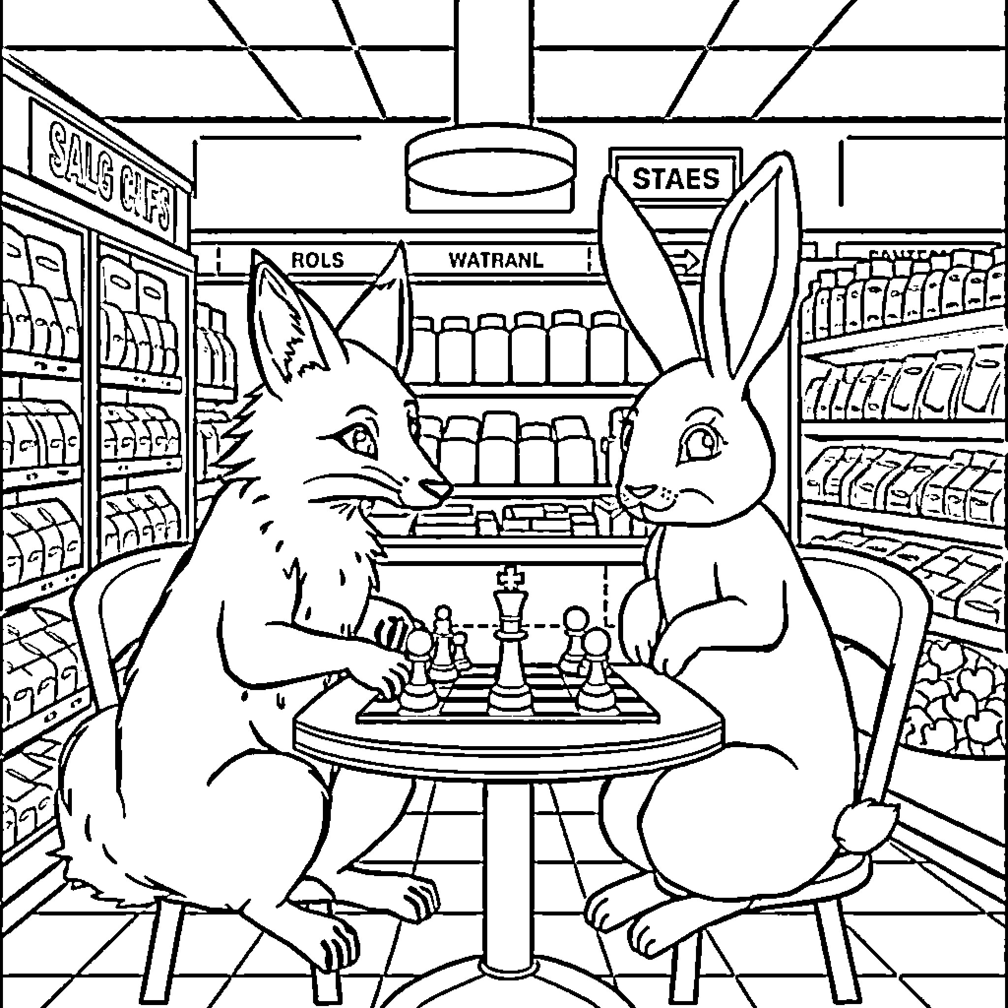 Fox Companions Engage in Chess Match in Store Coloring Page (free black-and-white line drawing printable PDF for all, from beginners to advanced learners, including children, teens, adults, and seniors)