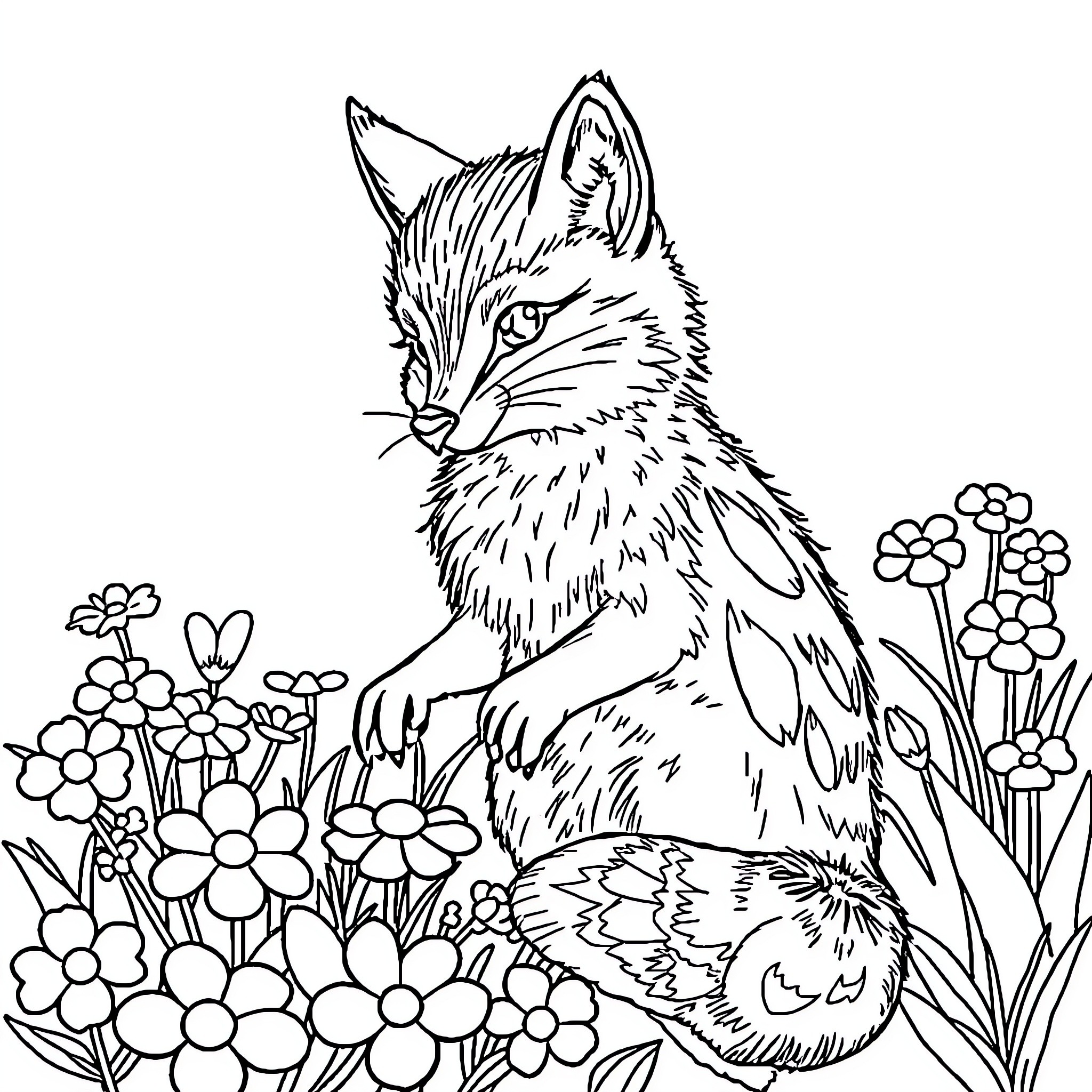 Wolf in a floral field Coloring Page (free black-and-white line drawing printable PDF for all, from beginners to advanced learners, including children, teens, adults, and seniors)