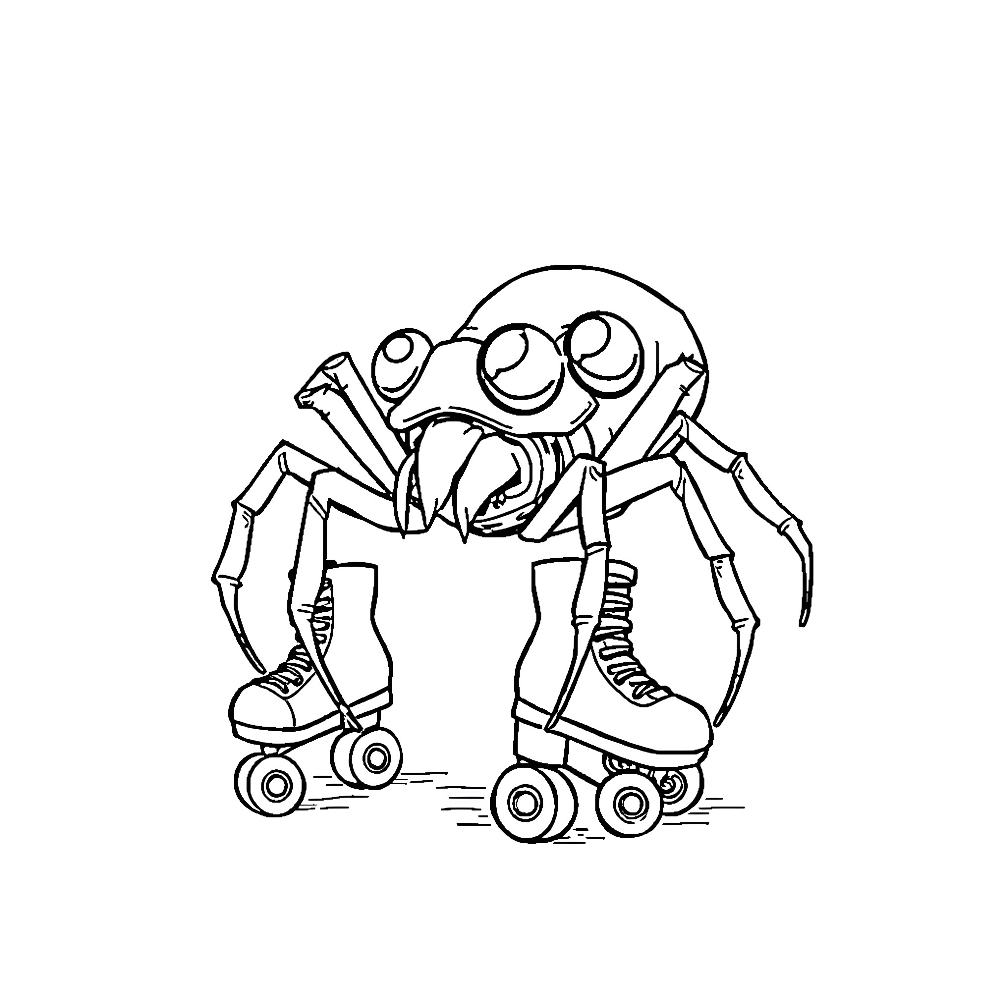 Spider skating on roller skates with enthusiasm Coloring Page (free black-and-white line drawing printable PDF for all, from beginners to advanced learners, including children, teens, adults, and seniors)