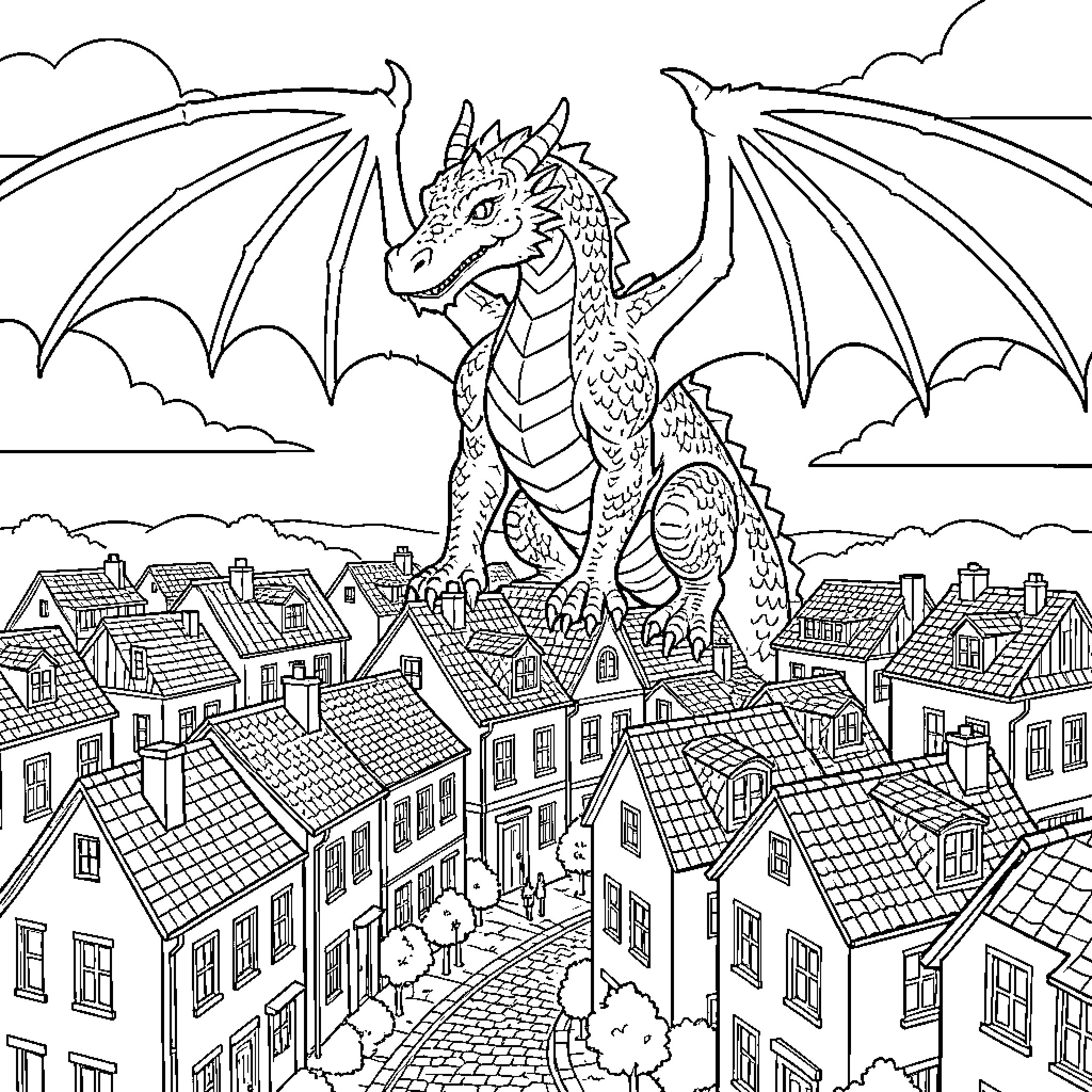 Dragon perched atop houses in a small town Coloring Page (free black-and-white line drawing printable PDF for all, from beginners to advanced learners, including children, teens, adults, and seniors)