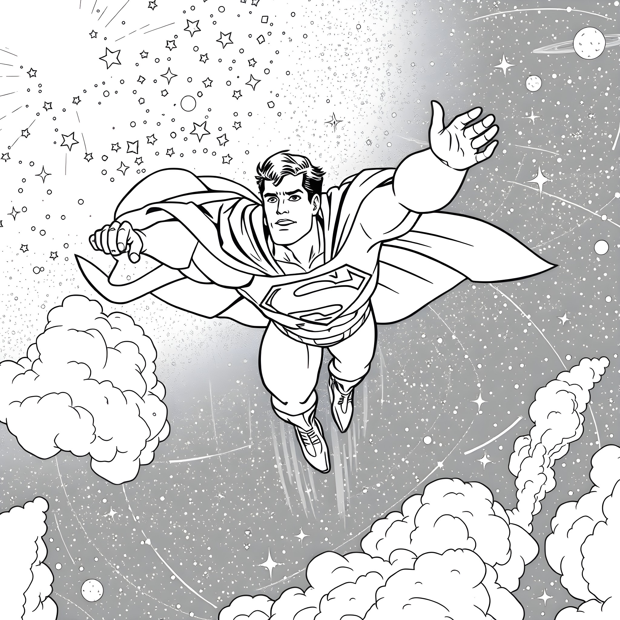 Superman soaring through the starry sky Coloring Page (free black-and-white line drawing printable PDF for all, from beginners to advanced learners, including children, teens, adults, and seniors)
