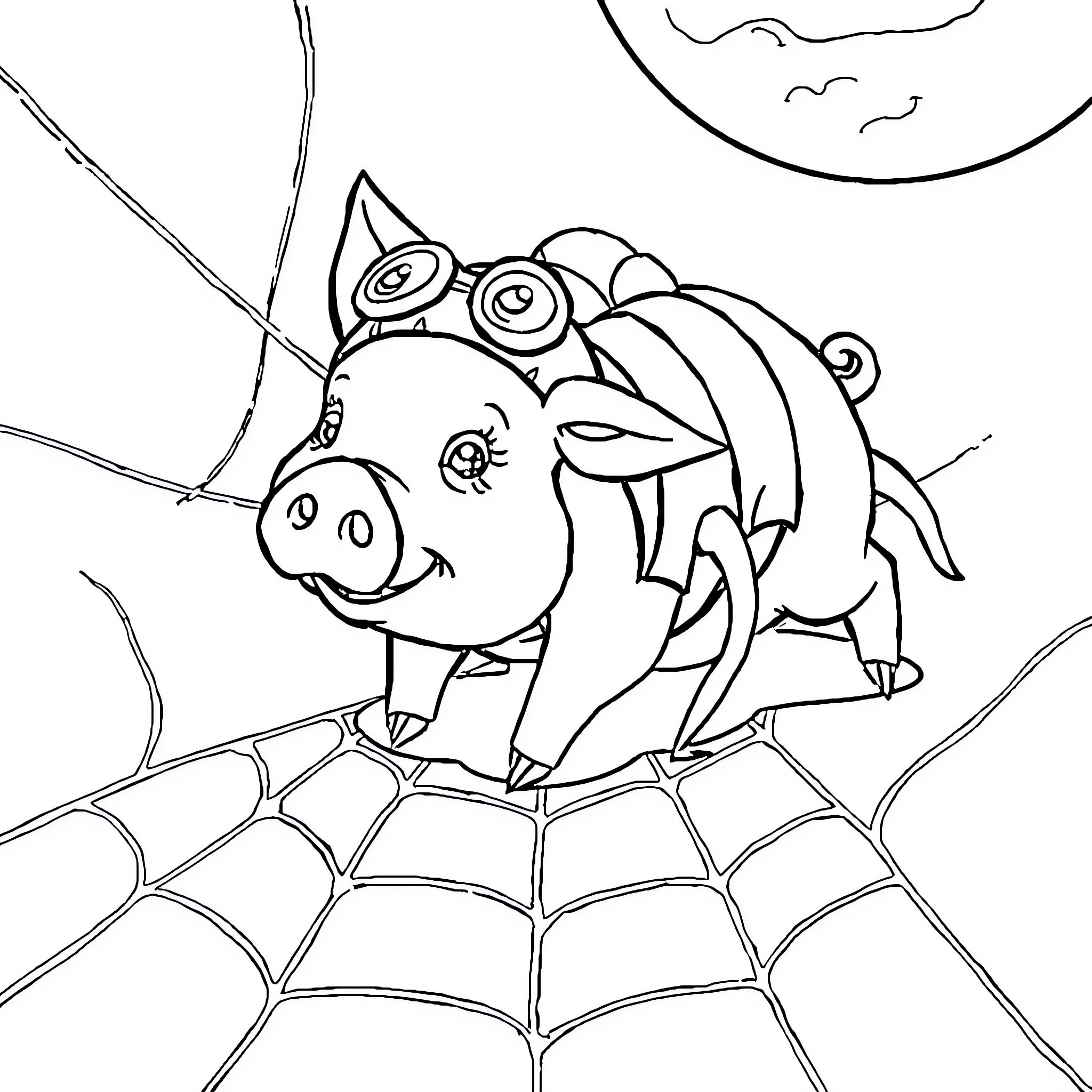 Spiderpig exploring a spiderweb at night Coloring Page (free black-and-white line drawing printable PDF for all, from beginners to advanced learners, including children, teens, adults, and seniors)