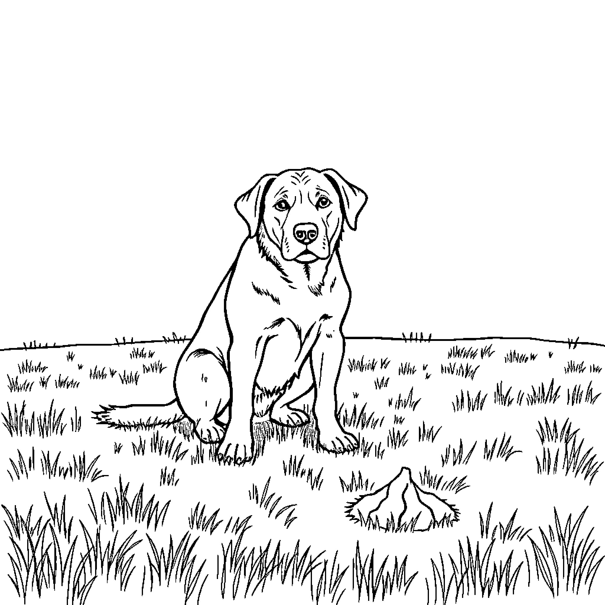 Dog sitting in tall grass Coloring Page (free black-and-white line drawing printable PDF for all, from beginners to advanced learners, including children, teens, adults, and seniors)