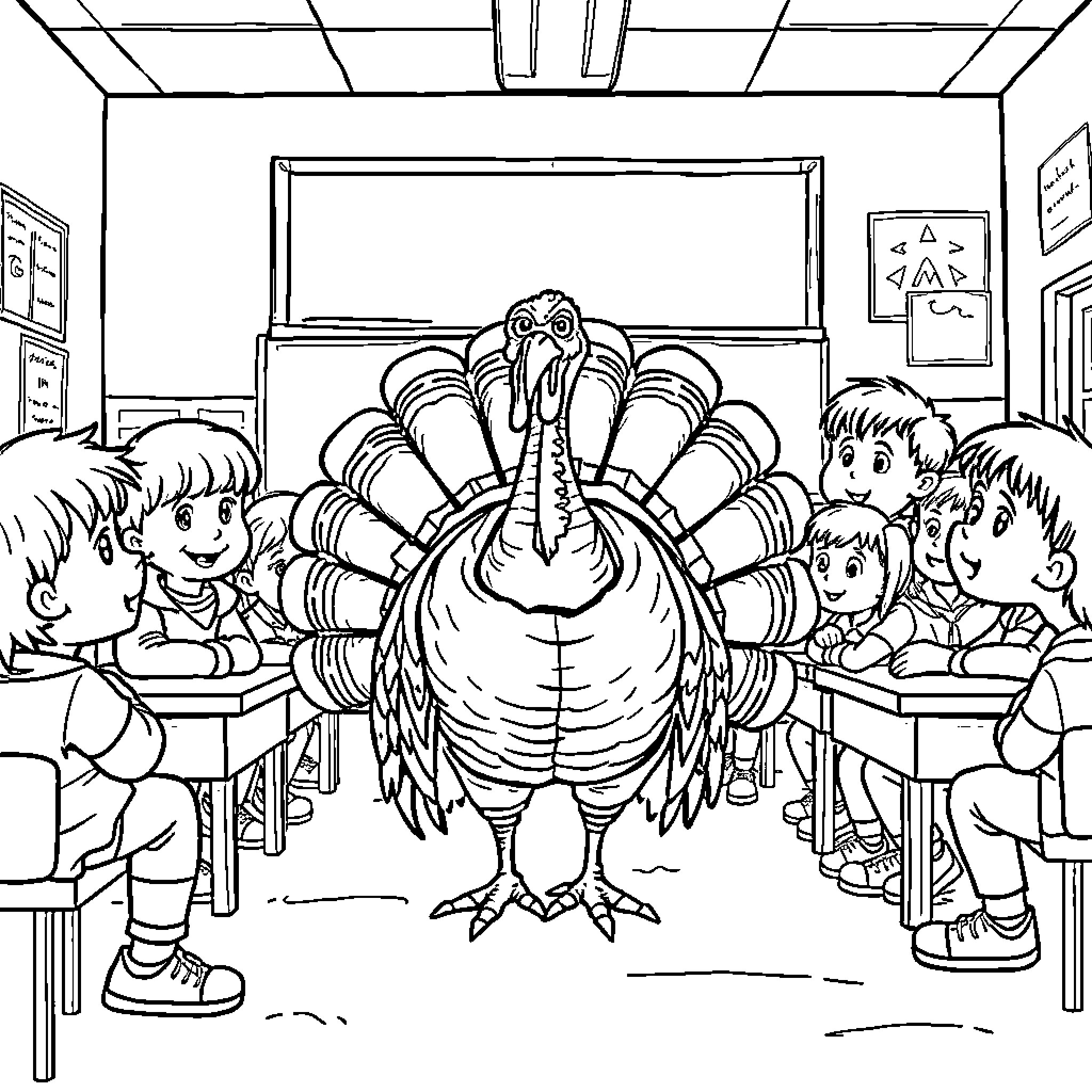 Turkey interrupting students in classroom Coloring Page (free black-and-white line drawing printable PDF for all, from beginners to advanced learners, including children, teens, adults, and seniors)