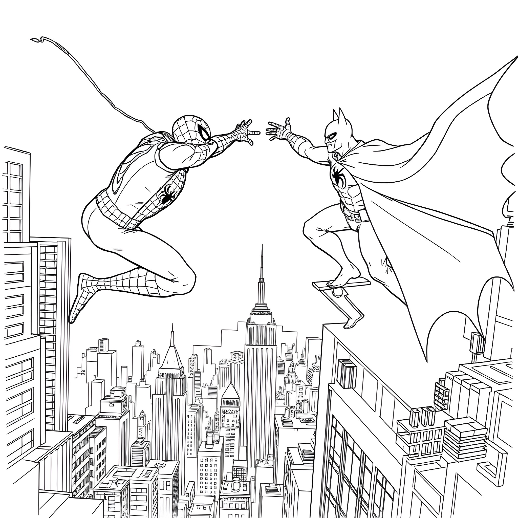 Spiderman fights Batman in the city skyline Coloring Page (free black-and-white line drawing printable PDF for all, from beginners to advanced learners, including children, teens, adults, and seniors)
