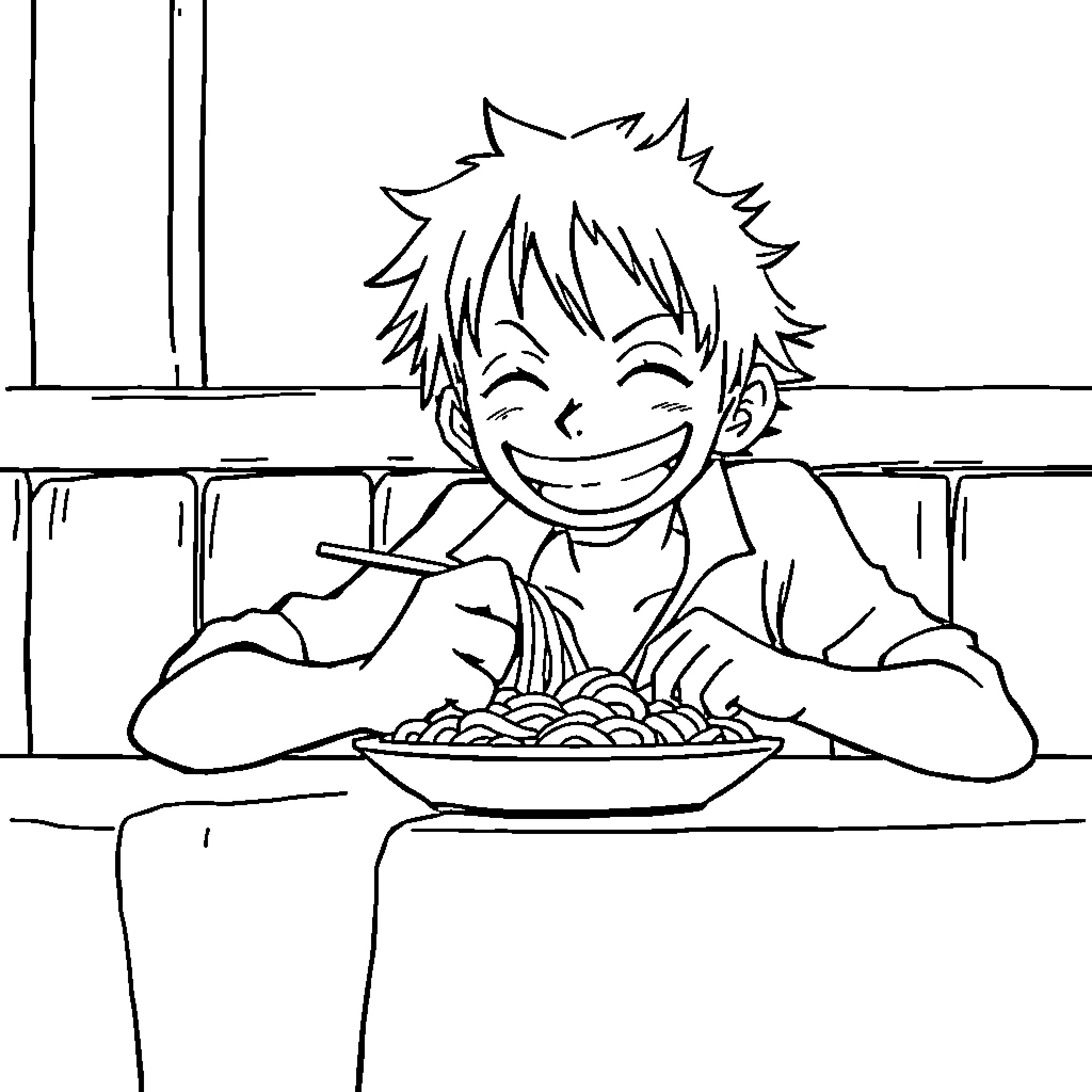 Luffy enjoying a delicious meal with a joyful smile Coloring Page (free black-and-white line drawing printable PDF for all, from beginners to advanced learners, including children, teens, adults, and seniors)