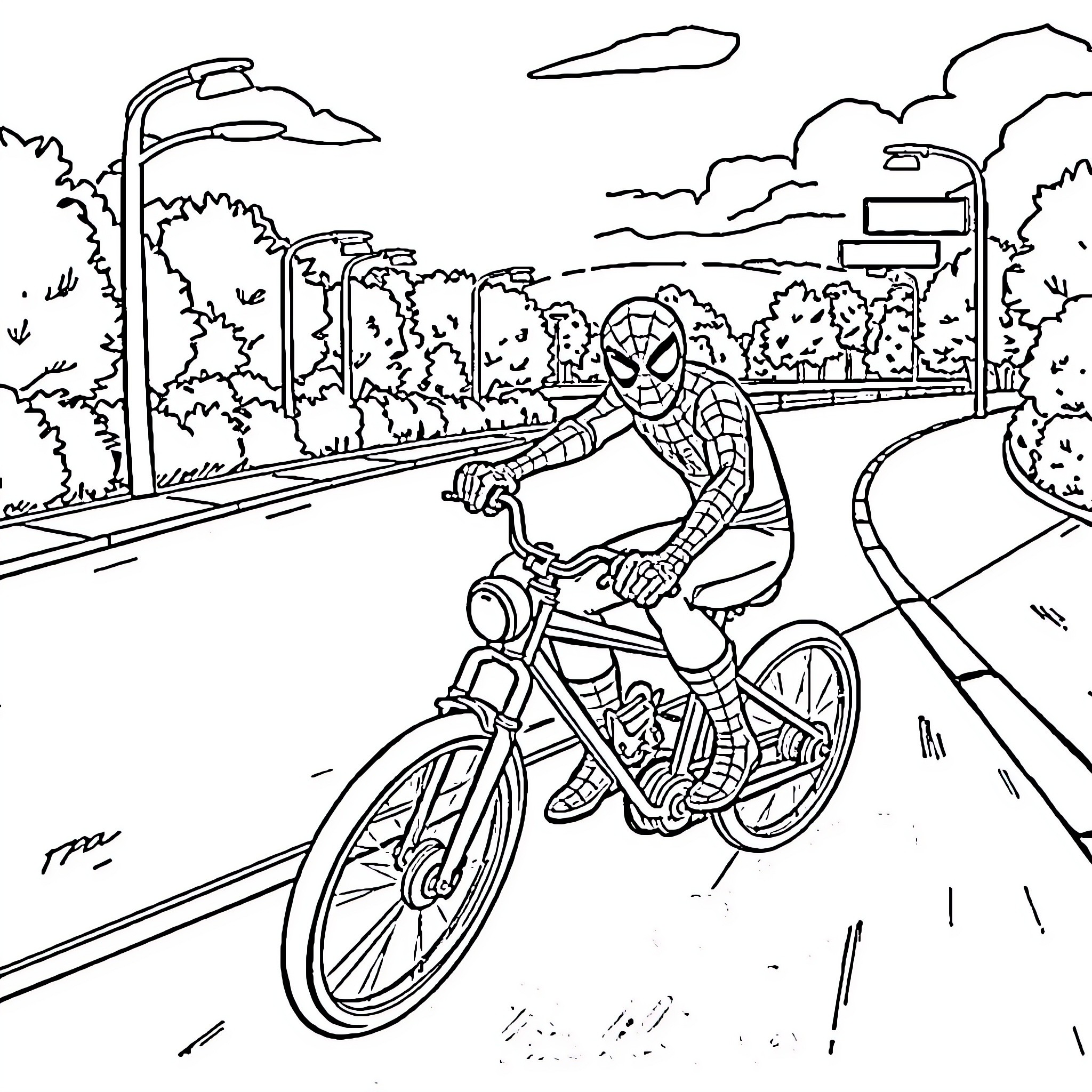 Spiderman riding bicycle through city park Coloring Page (free black-and-white line drawing printable PDF for all, from beginners to advanced learners, including children, teens, adults, and seniors)