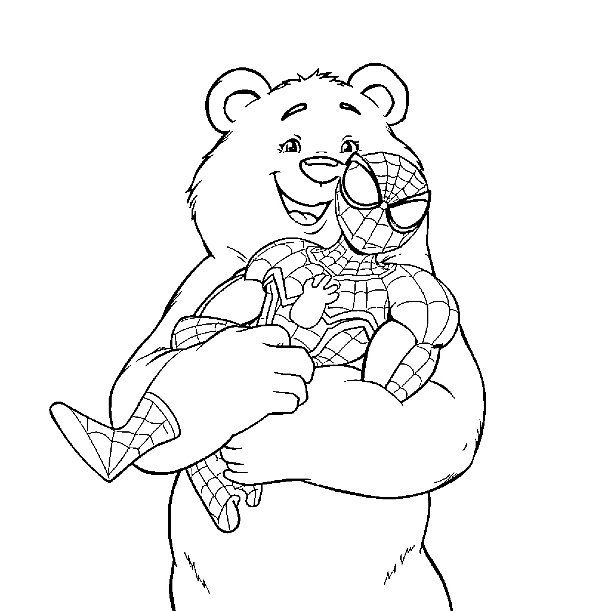 Bamse hugging a friendly spider Coloring Page (free black-and-white line drawing printable PDF for all, from beginners to advanced learners, including children, teens, adults, and seniors)