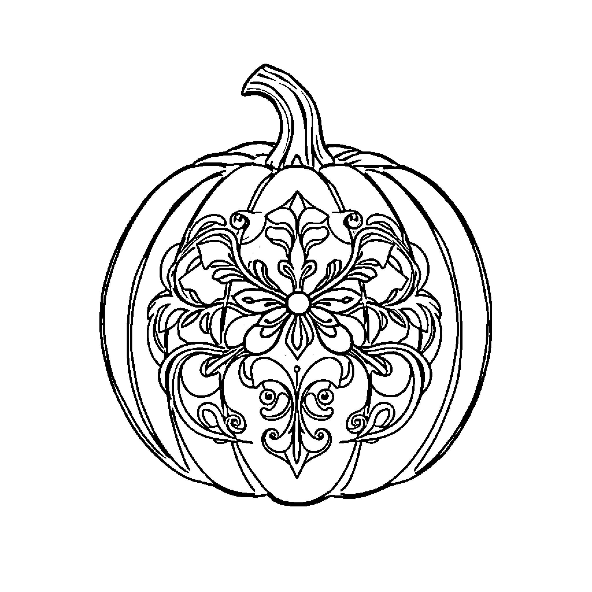 Pumpkin with intricate floral pattern Coloring Page (free black-and-white line drawing printable PDF for all, from beginners to advanced learners, including children, teens, adults, and seniors)