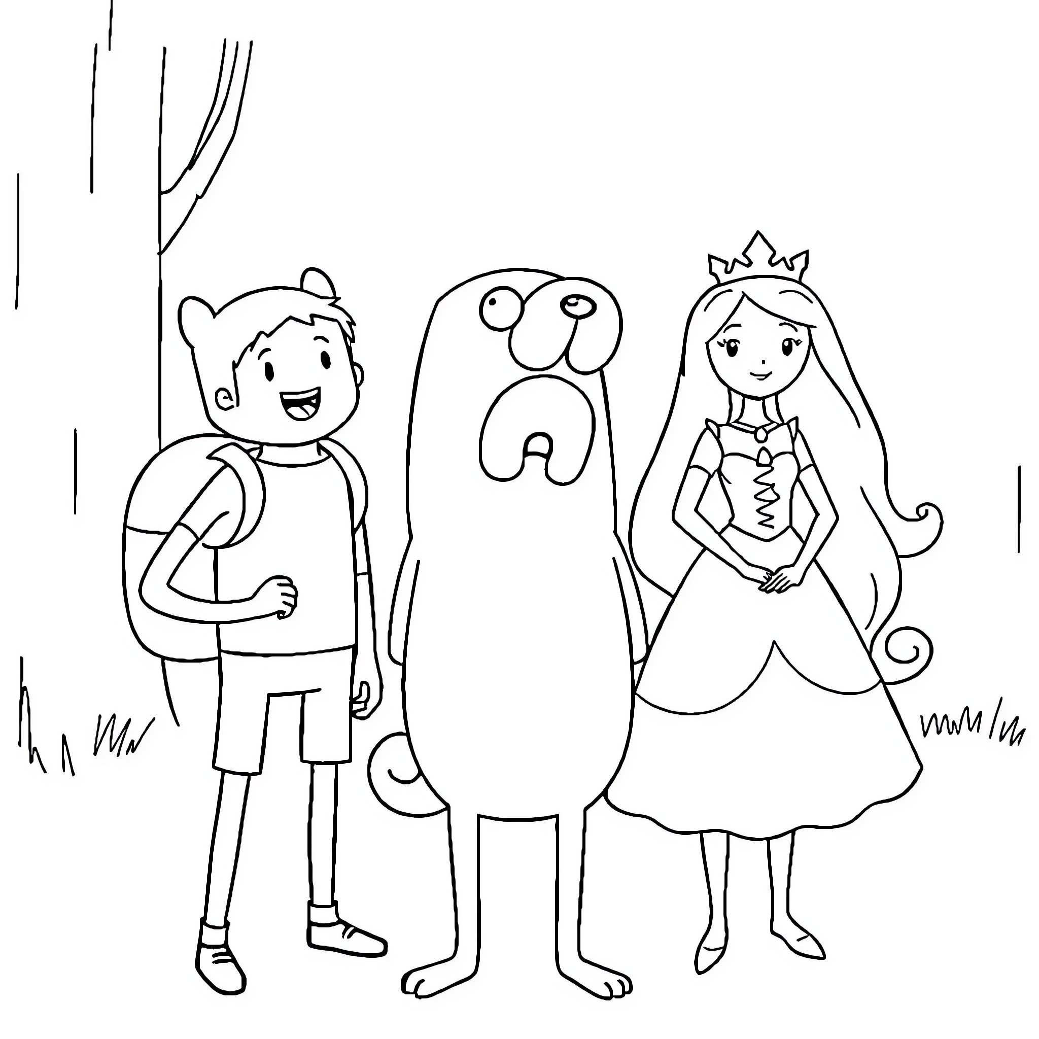 Adventure Time with Cartoon Characters in Forest Coloring Page (free black-and-white line drawing printable PDF for all, from beginners to advanced learners, including children, teens, adults, and seniors)