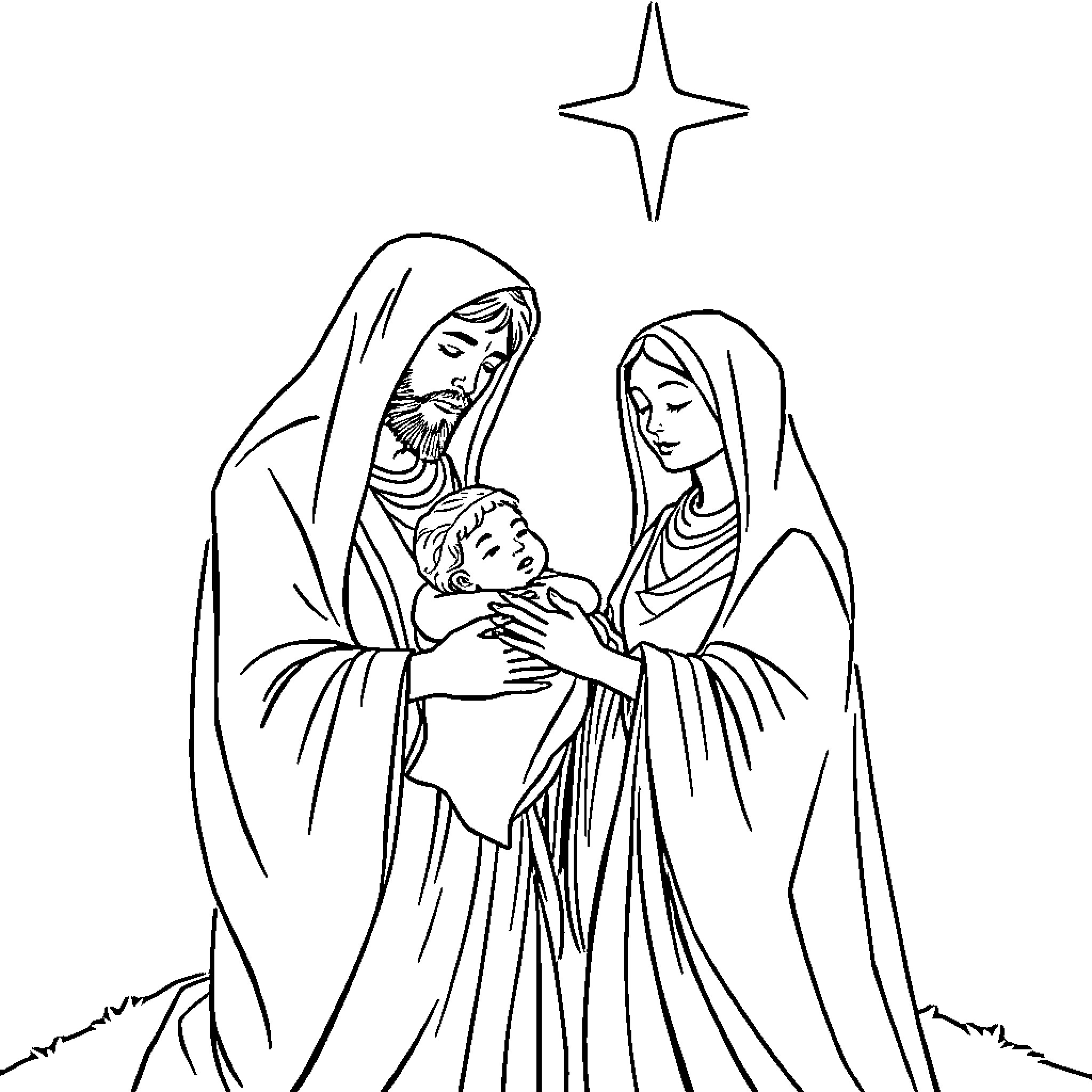 Nativity scene with Mary, Joseph, and baby Jesus Coloring Page (free black-and-white line drawing printable PDF for all, from beginners to advanced learners, including children, teens, adults, and seniors)