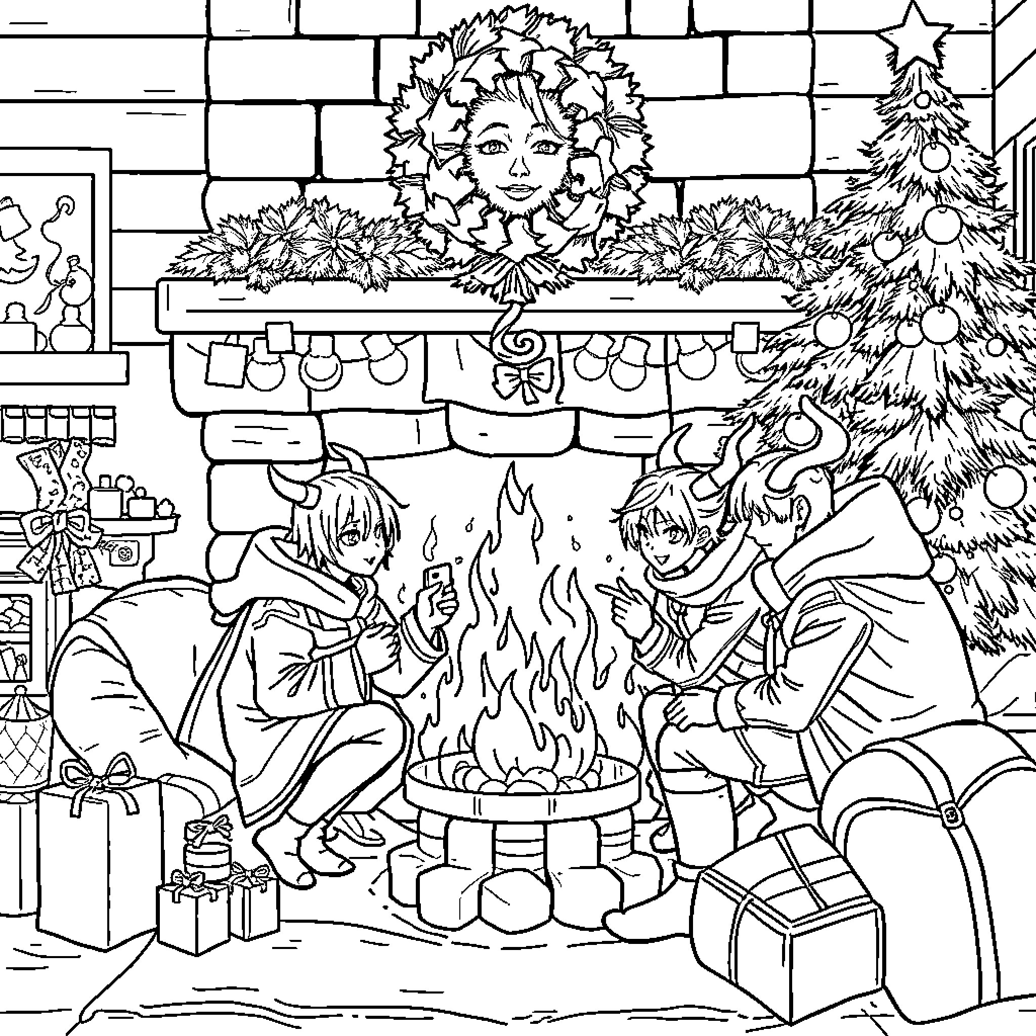 Demon Hunter Gathers by the Festive Fireplace Coloring Page (free black-and-white line drawing printable PDF for all, from beginners to advanced learners, including children, teens, adults, and seniors)