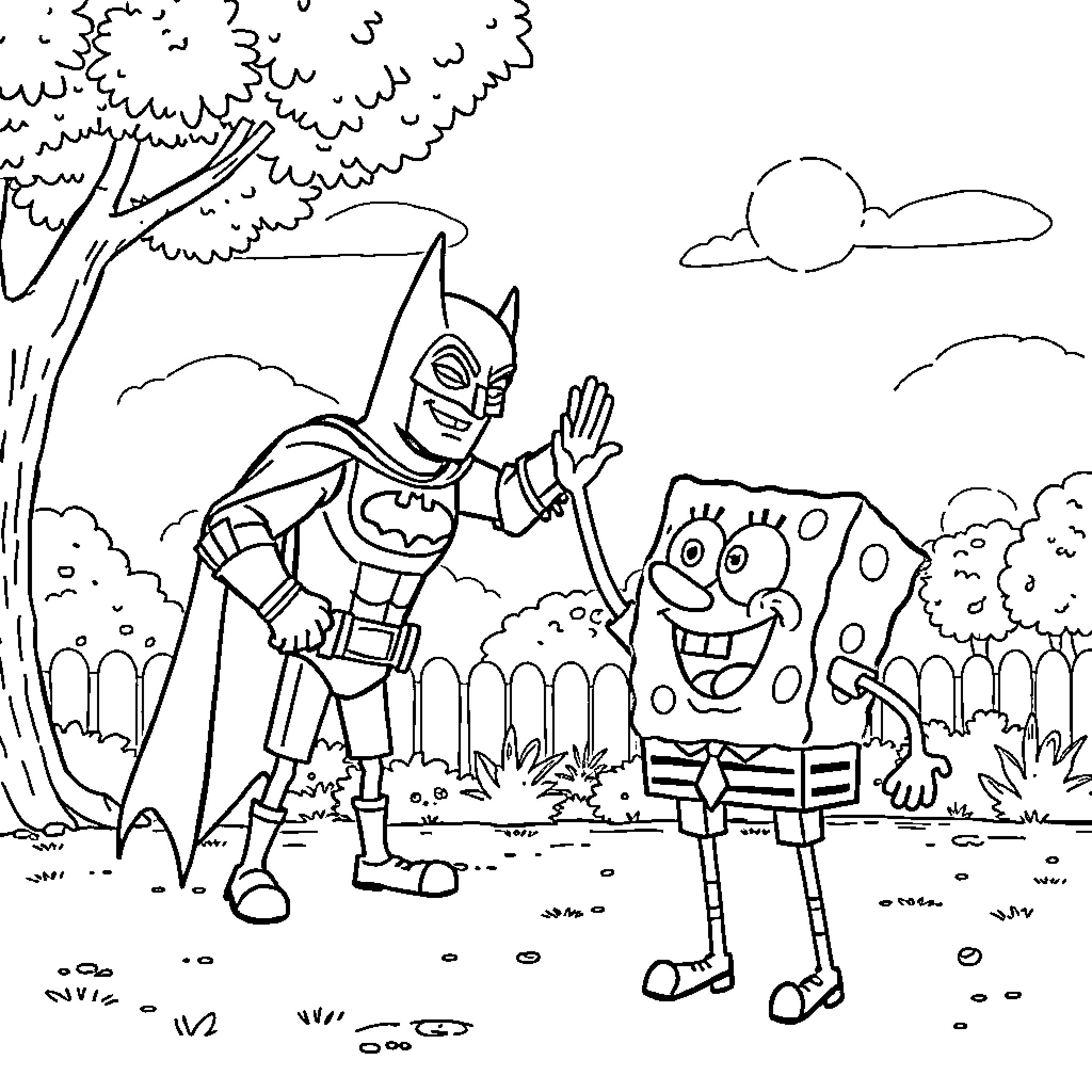 Spongebob and Batman Explore the Outdoors Coloring Page (free black-and-white line drawing printable PDF for all, from beginners to advanced learners, including children, teens, adults, and seniors)