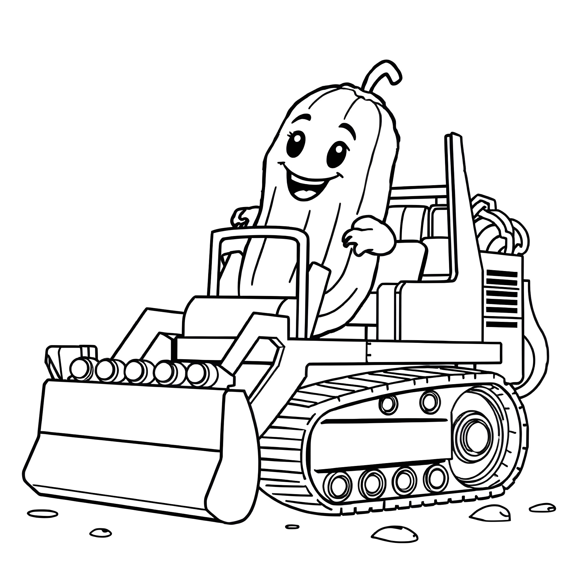 Pickle operating a construction vehicle happily Coloring Page (free black-and-white line drawing printable PDF for all, from beginners to advanced learners, including children, teens, adults, and seniors)