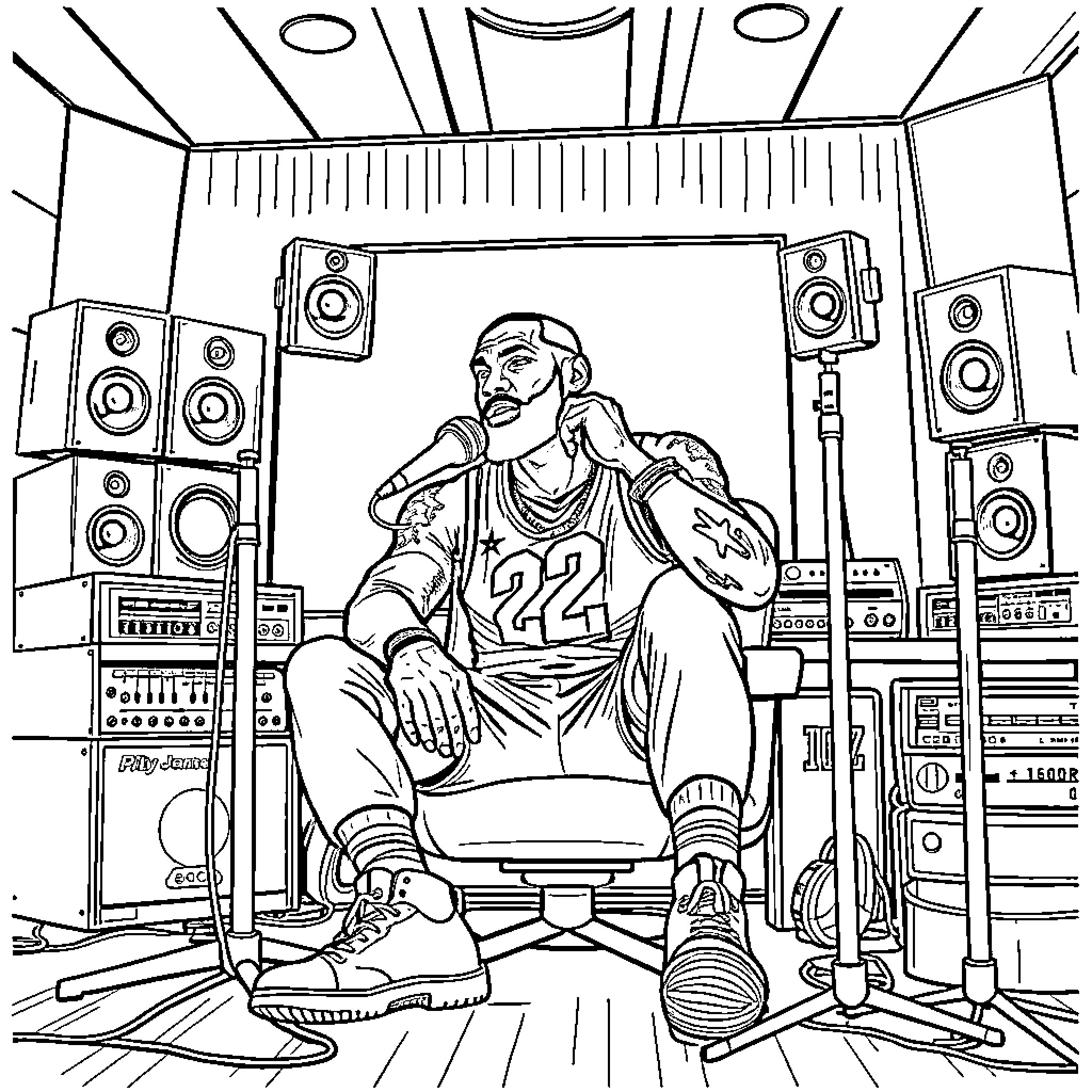 LeBron James relaxing in recording studio Coloring Page (free black-and-white line drawing printable PDF for all, from beginners to advanced learners, including children, teens, adults, and seniors)