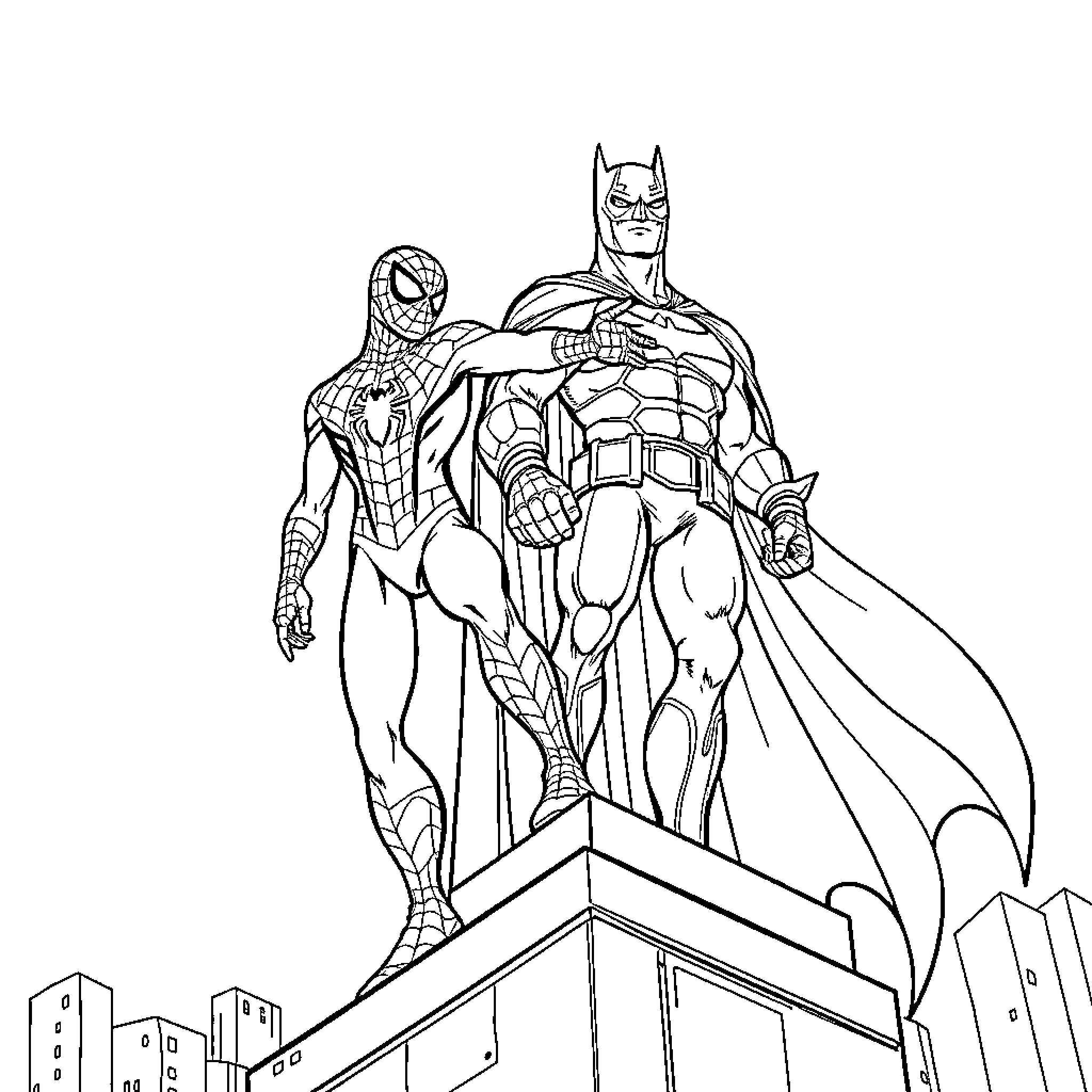 Spiderman and Batman standing tall on a rooftop Coloring Page (free black-and-white line drawing printable PDF for all, from beginners to advanced learners, including children, teens, adults, and seniors)