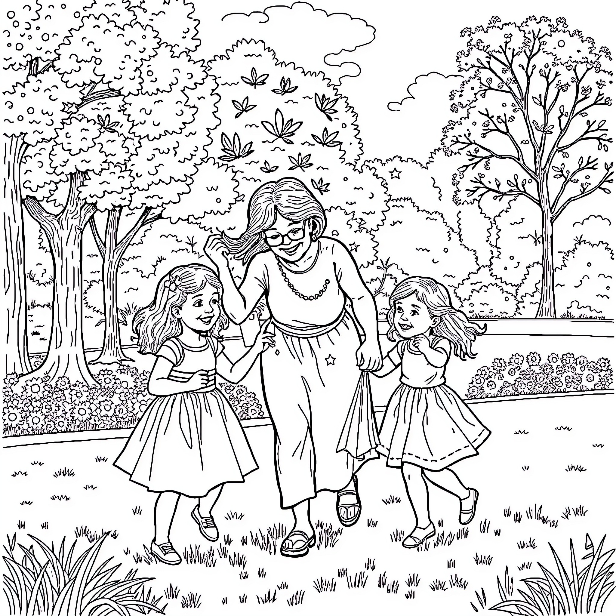 Grandma spending quality time with her granddaughters in the park Coloring Page (free black-and-white line drawing printable PDF for all, from beginners to advanced learners, including children, teens, adults, and seniors)