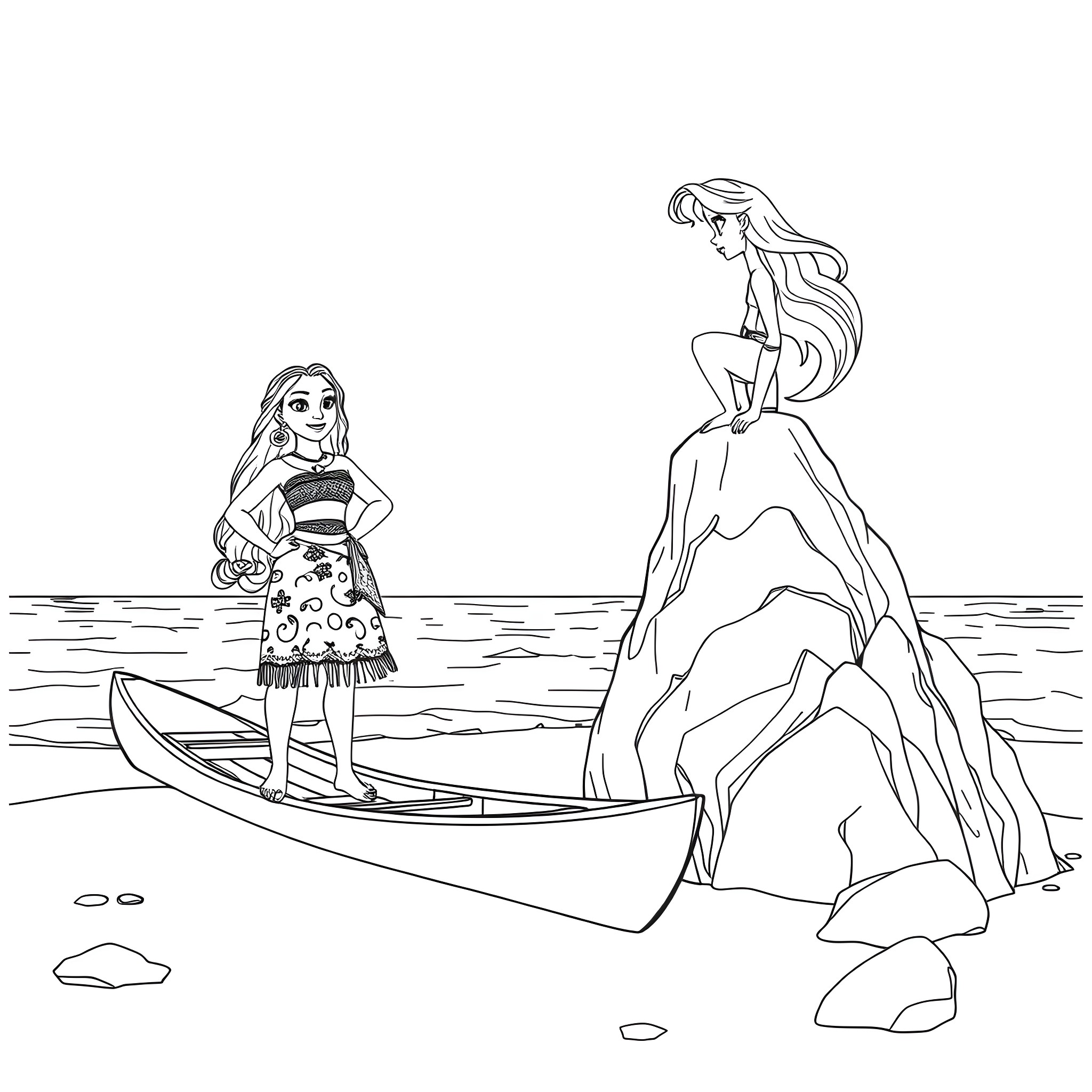 Moana and her ocean friends Coloring Page (free black-and-white line drawing printable PDF for all, from beginners to advanced learners, including children, teens, adults, and seniors)