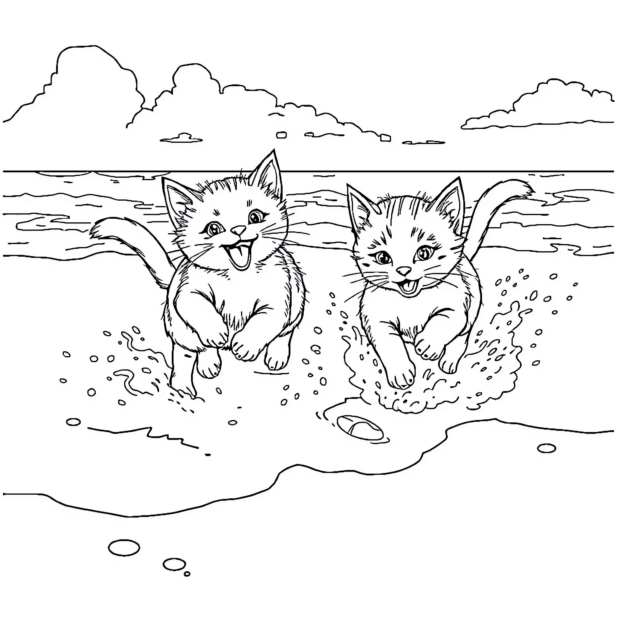 Kitty kittens frolicking on the beach Coloring Page (free black-and-white line drawing printable PDF for all, from beginners to advanced learners, including children, teens, adults, and seniors)