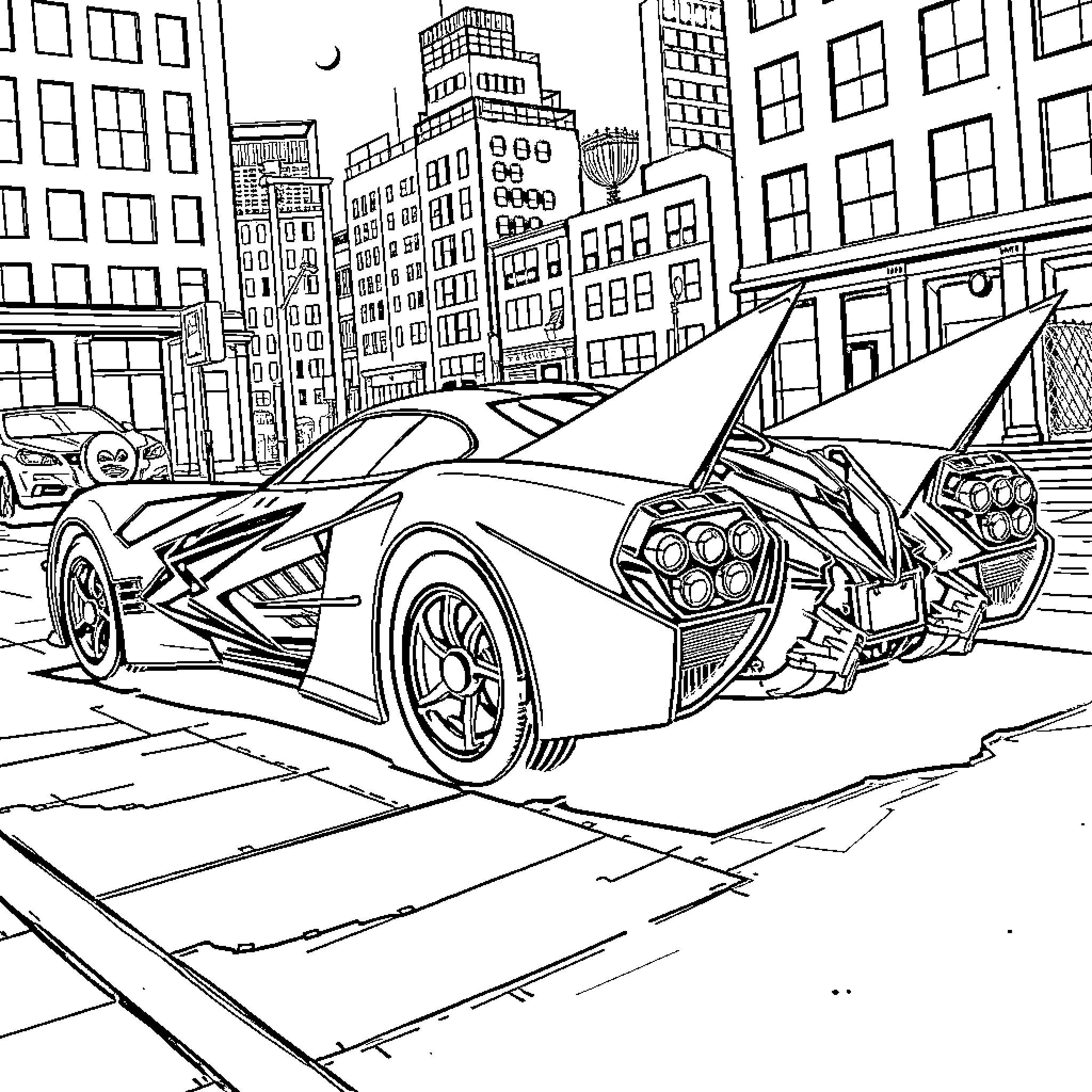 Batmobile speeding through the city streets Coloring Page (free black-and-white line drawing printable PDF for all, from beginners to advanced learners, including children, teens, adults, and seniors)