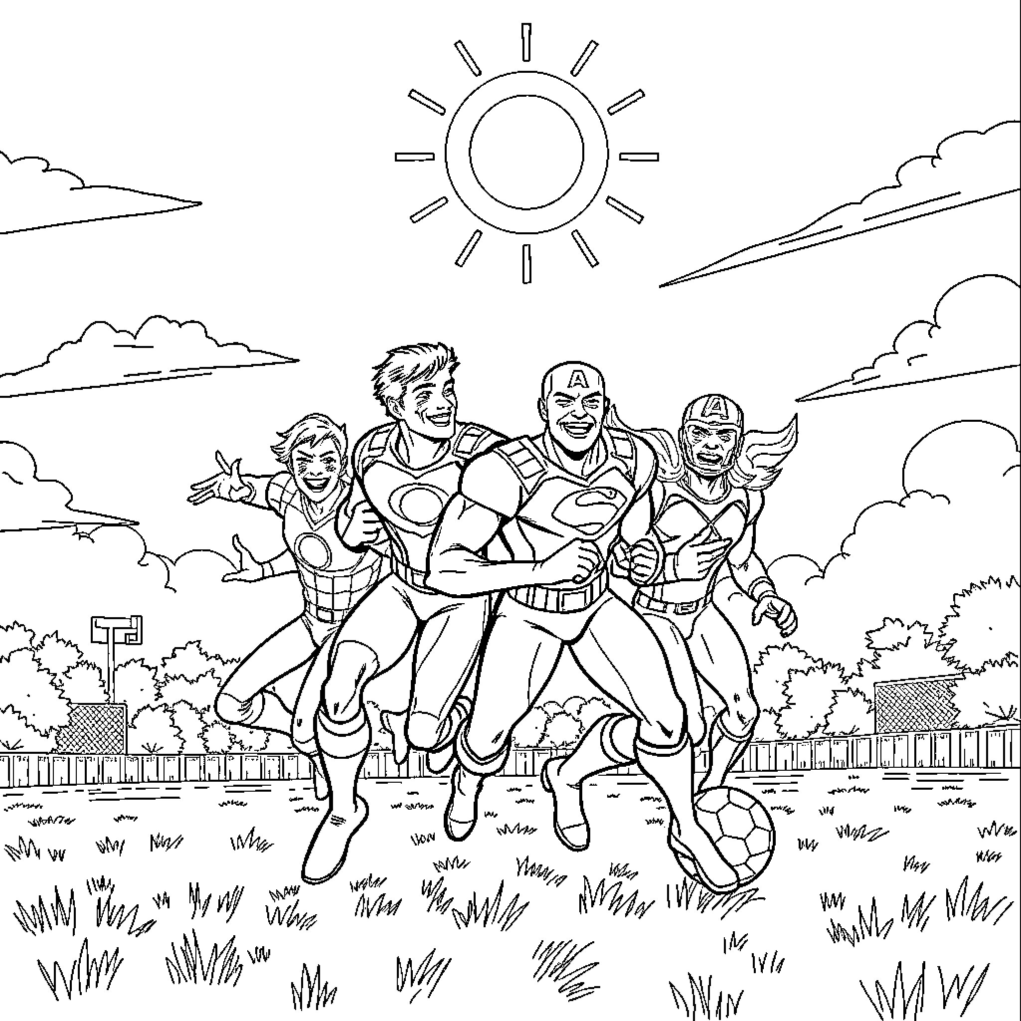 Marvel Heroes Saving the Day in Action Poses Coloring Page (free black-and-white line drawing printable PDF for all, from beginners to advanced learners, including children, teens, adults, and seniors)