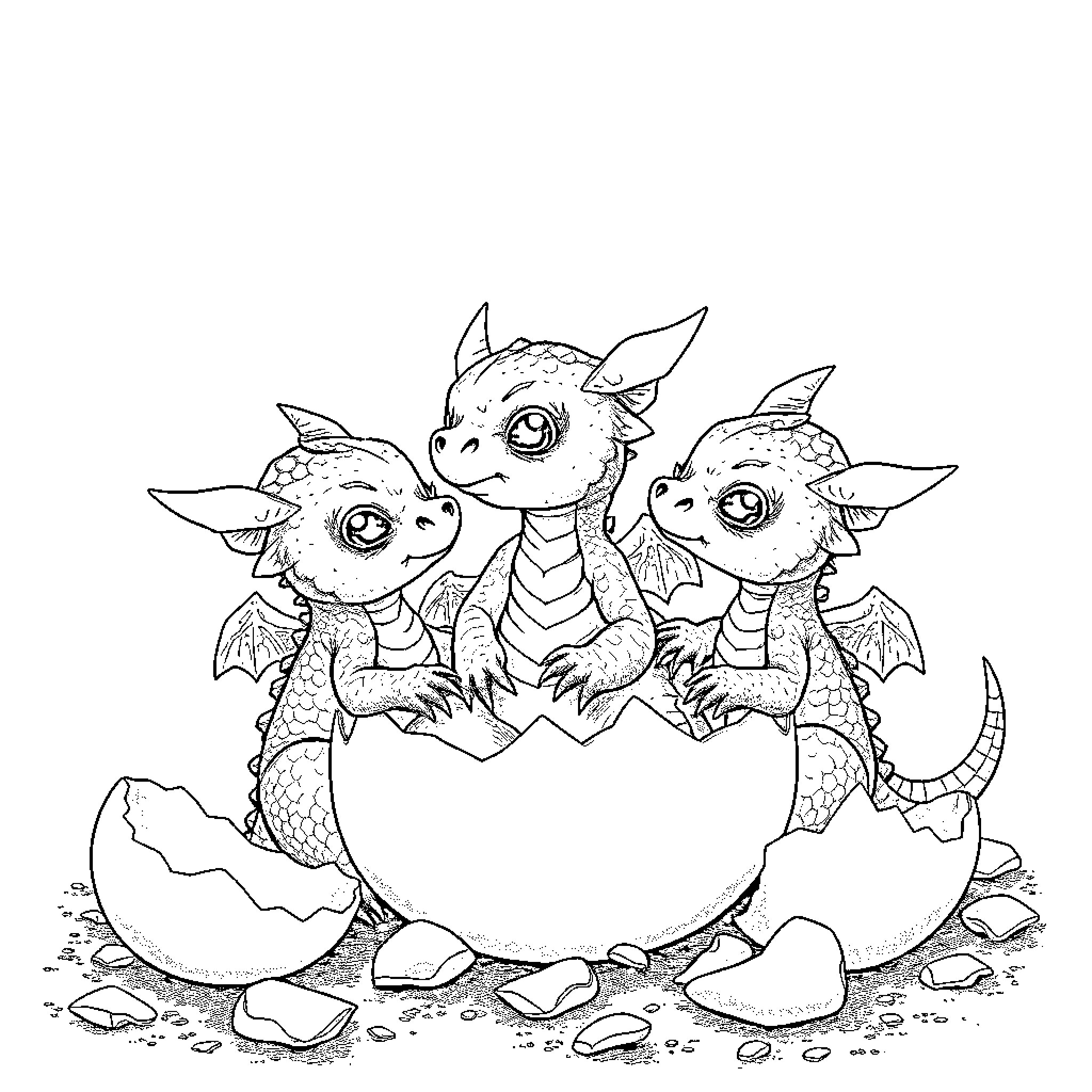 Dragon hatchlings emerging from egg Coloring Page (free black-and-white line drawing printable PDF for all, from beginners to advanced learners, including children, teens, adults, and seniors)
