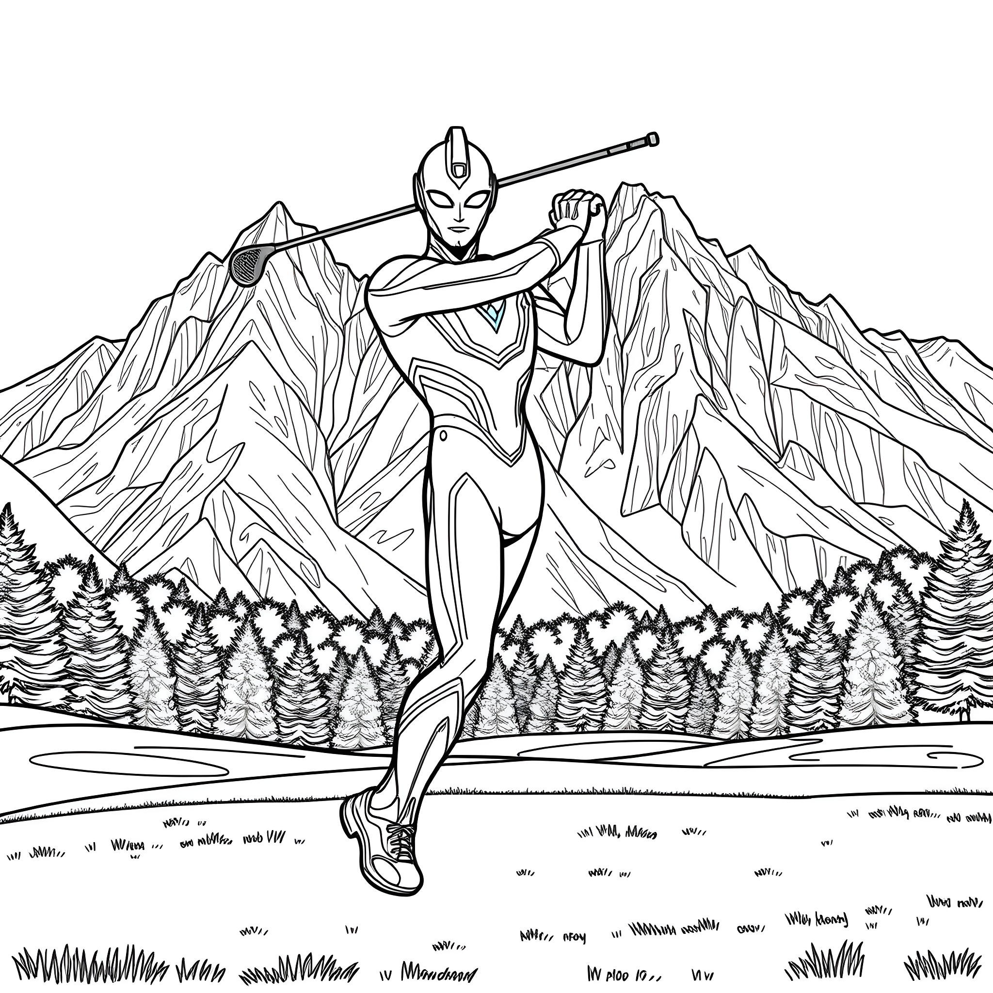 Ultraman Heroically Poses in Scenic Mountain Landscape Coloring Page (free black-and-white line drawing printable PDF for all, from beginners to advanced learners, including children, teens, adults, and seniors)