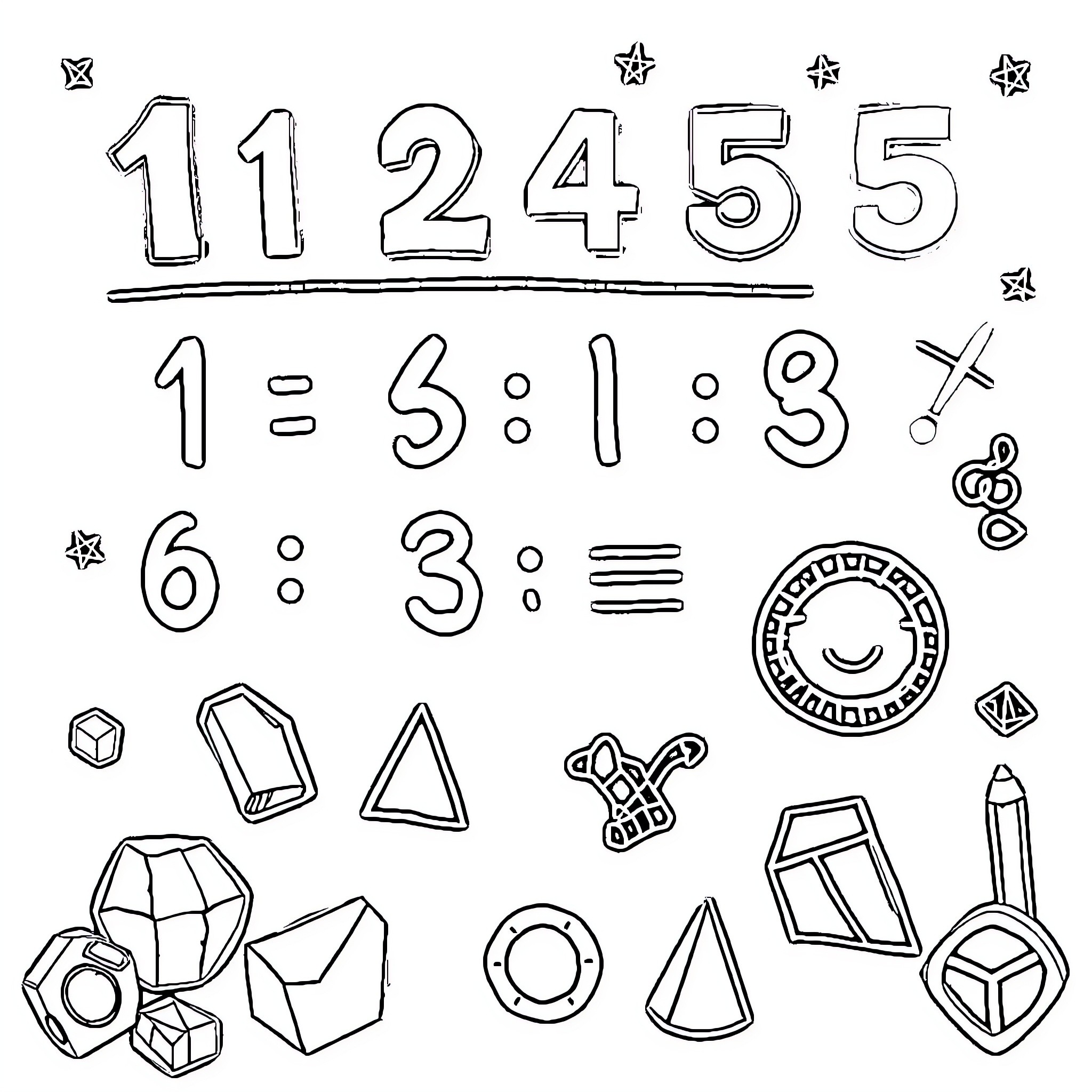 Math Symbols and Geometric Shapes Coloring Page (free black-and-white line drawing printable PDF for all, from beginners to advanced learners, including children, teens, adults, and seniors)