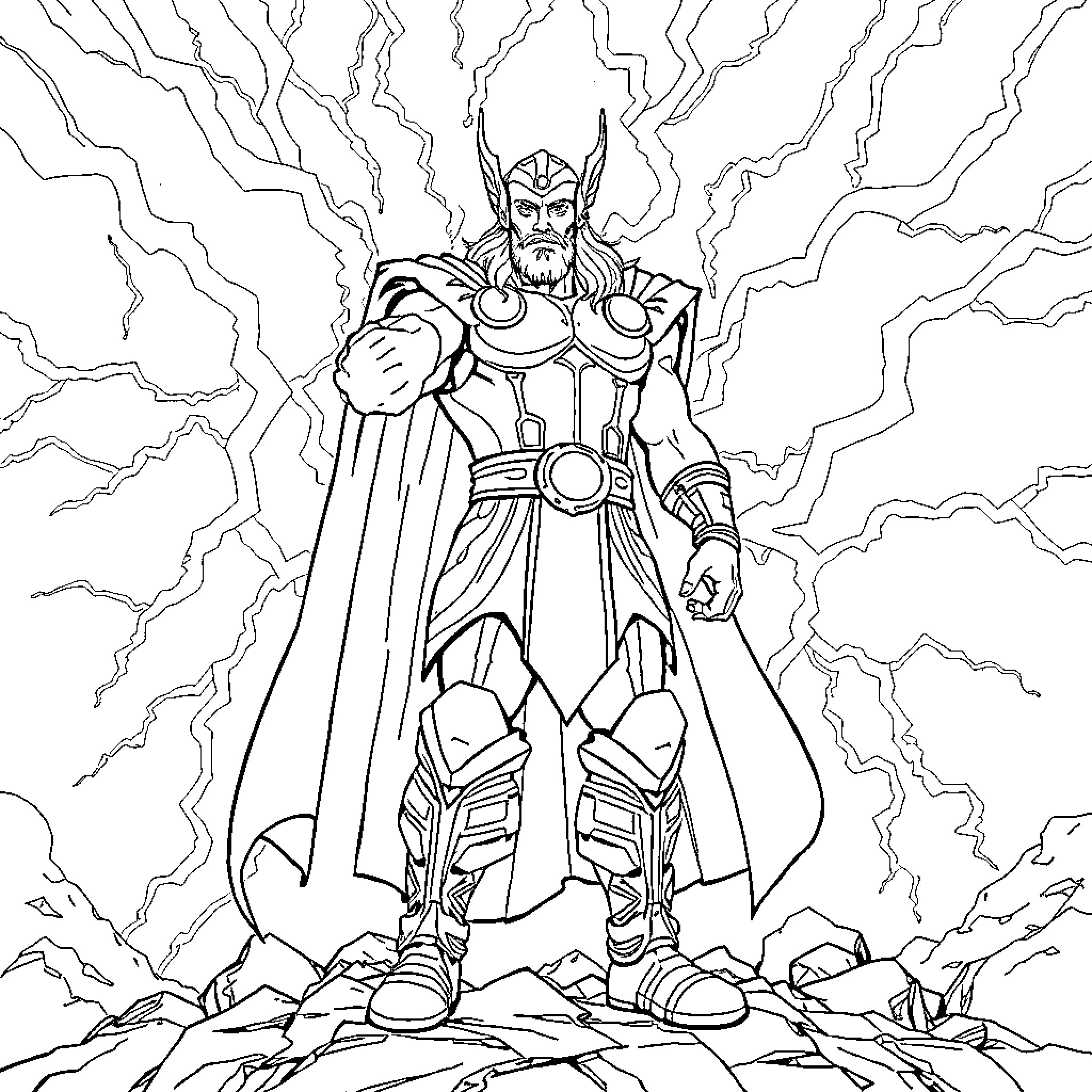 Thor, the Mighty Warrior Unleashing Powerful Strikes Coloring Page (free black-and-white line drawing printable PDF for all, from beginners to advanced learners, including children, teens, adults, and seniors)