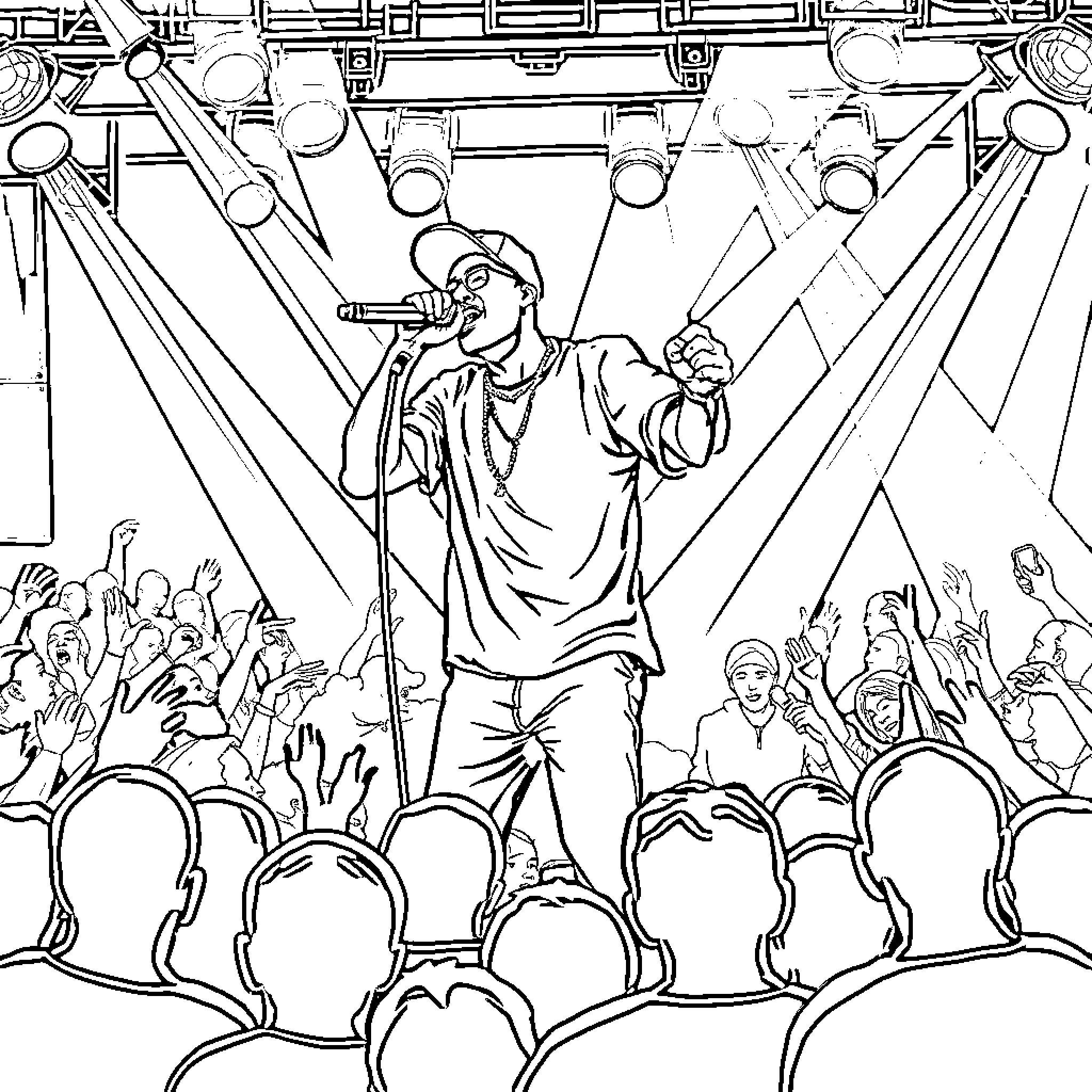 Rapper Performing Energetically on Stage with Crowd Coloring Page (free black-and-white line drawing printable PDF for all, from beginners to advanced learners, including children, teens, adults, and seniors)