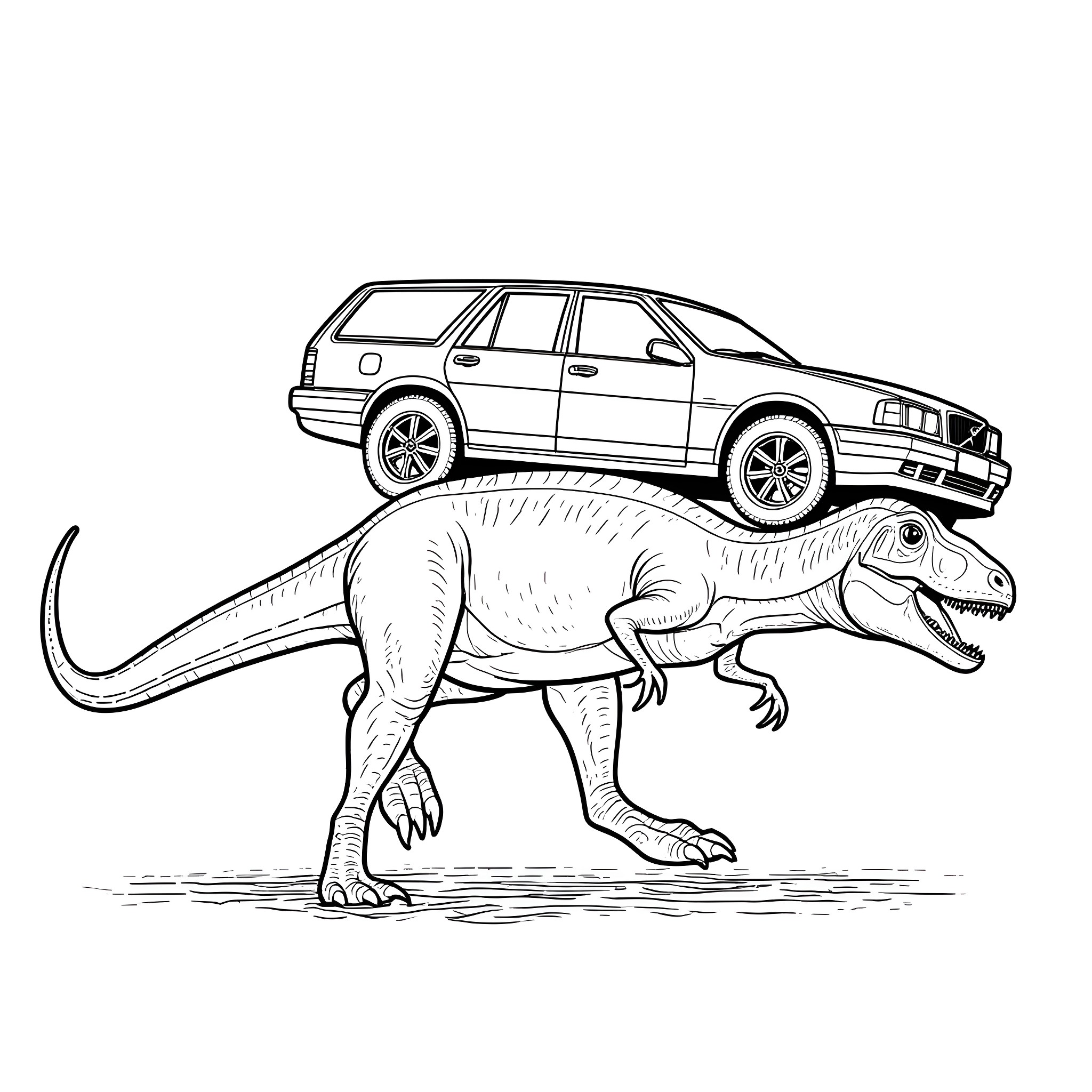 Volvo car balancing precariously on dinosaur Coloring Page (free black-and-white line drawing printable PDF for all, from beginners to advanced learners, including children, teens, adults, and seniors)