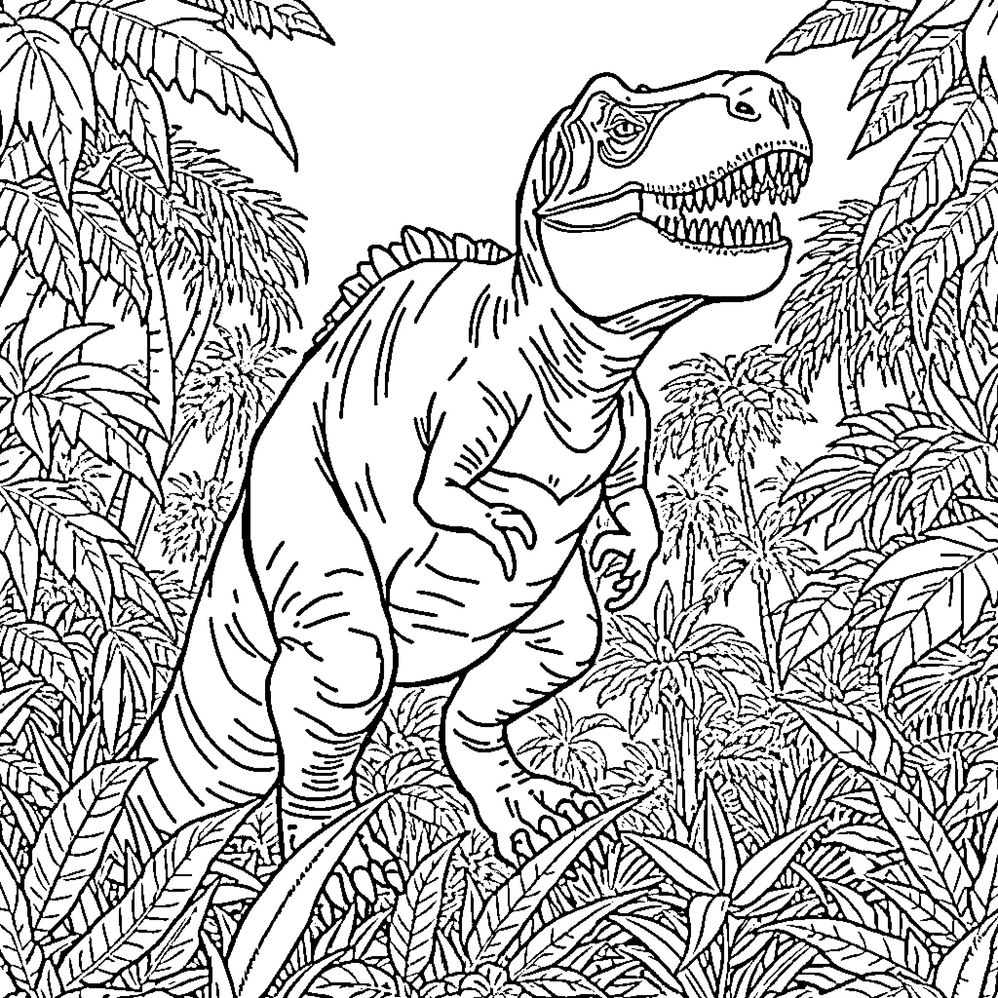 T-Rex Roaring in Lush Jungle Landscape Coloring Page (free black-and-white line drawing printable PDF for all, from beginners to advanced learners, including children, teens, adults, and seniors)