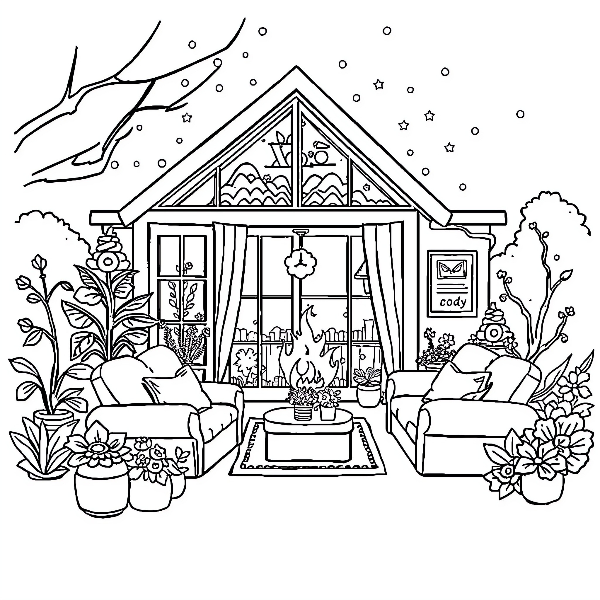 Home of Comfort and Cheer Coloring Page (free black-and-white line drawing printable PDF for all, from beginners to advanced learners, including children, teens, adults, and seniors)