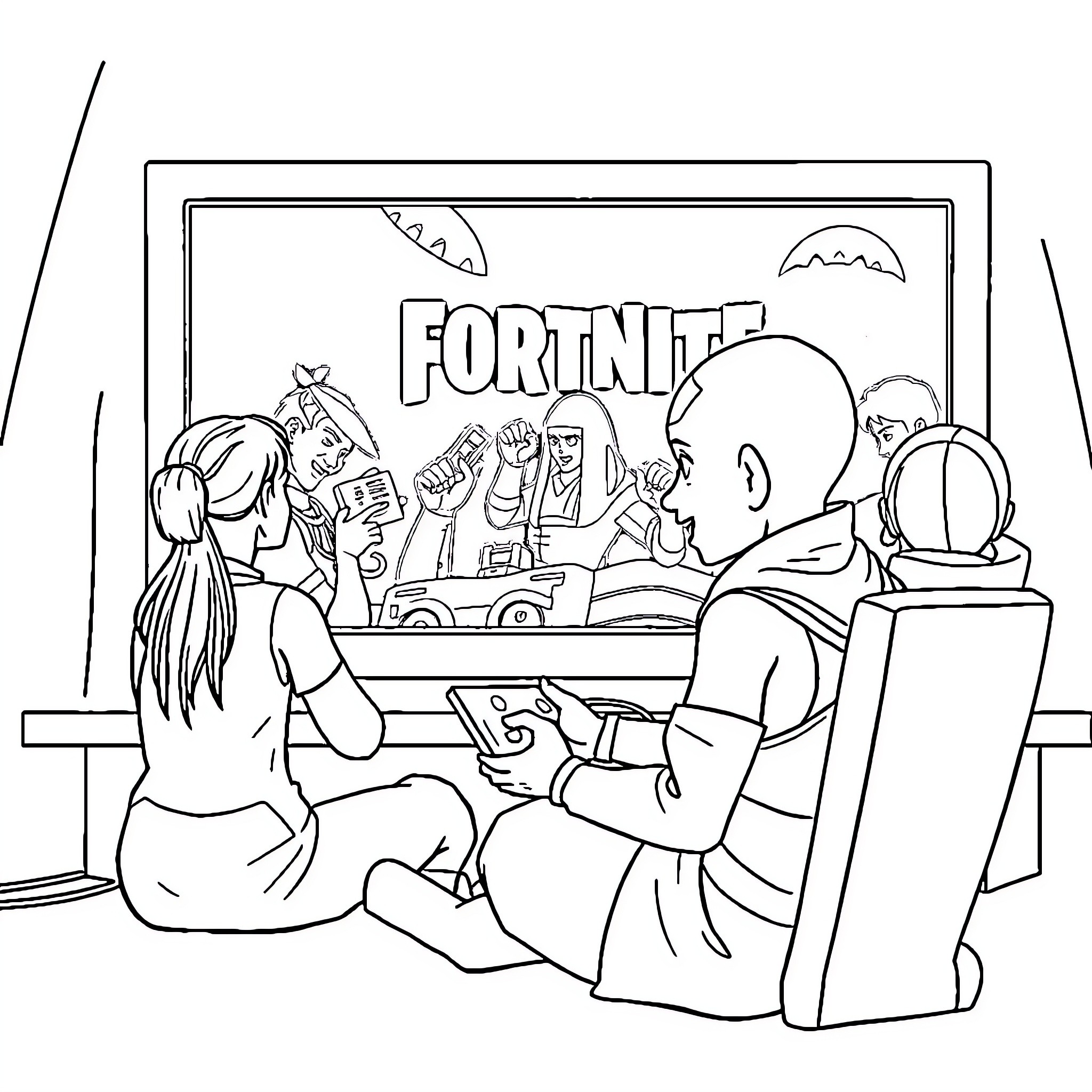 Avatar playing Fortnite video game with friends Coloring Page (free black-and-white line drawing printable PDF for all, from beginners to advanced learners, including children, teens, adults, and seniors)