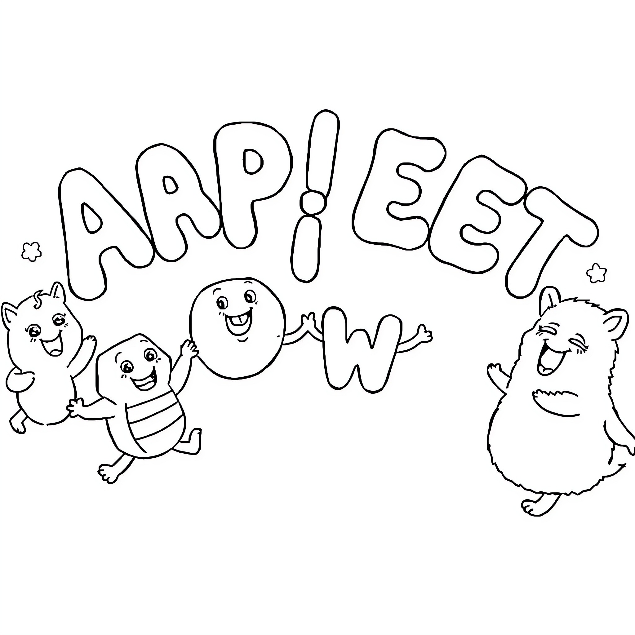 Alphabet characters playing and exploring Coloring Page (free black-and-white line drawing printable PDF for all, from beginners to advanced learners, including children, teens, adults, and seniors)