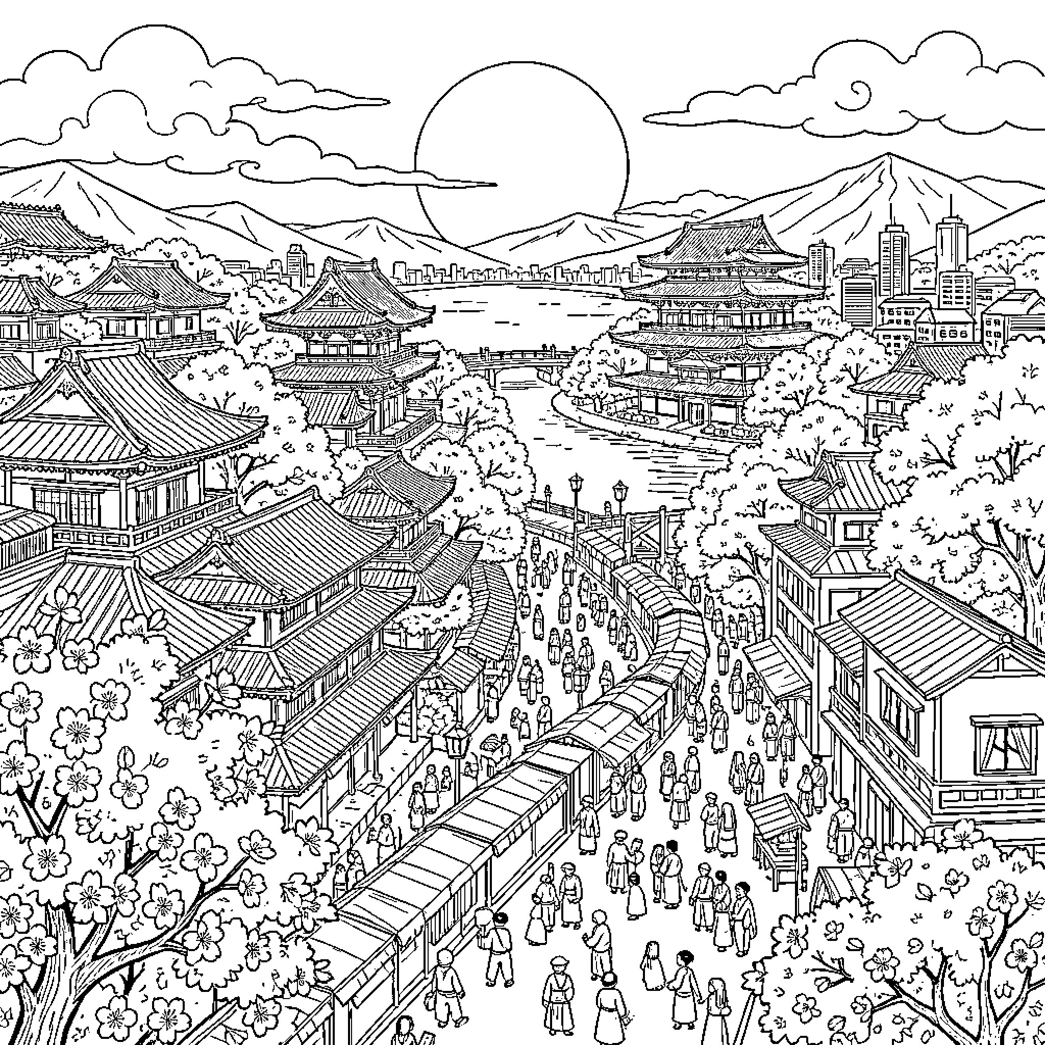 Nippon cityscape with traditional architecture and bustling streets Coloring Page (free black-and-white line drawing printable PDF for all, from beginners to advanced learners, including children, teens, adults, and seniors)